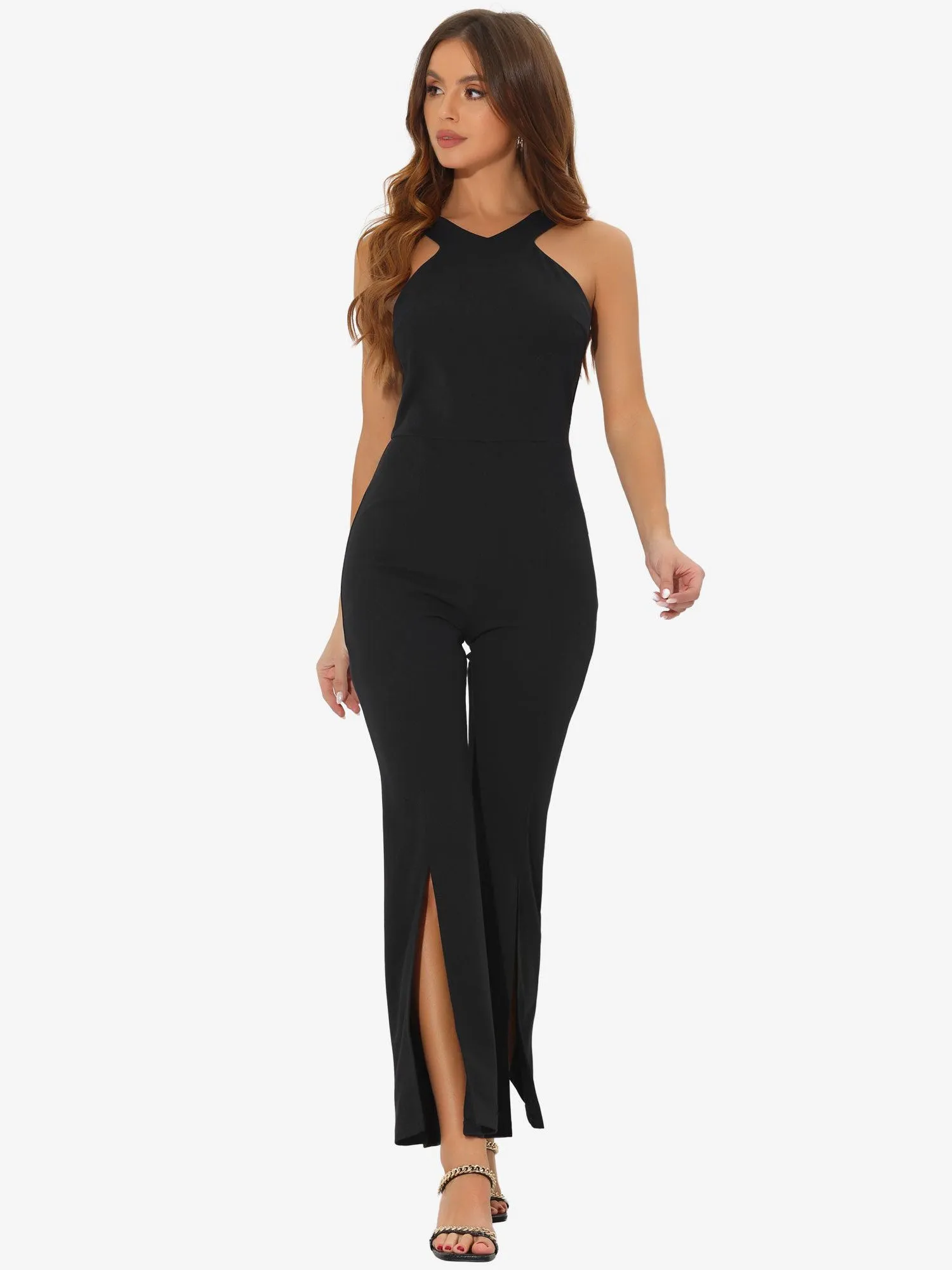 Halter Neck Sleeveless High Waist Split Hem Flare Leg Jumpsuit sold by Allegra K