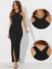 Halter Neck Sleeveless High Waist Split Hem Flare Leg Jumpsuit sold by Allegra K