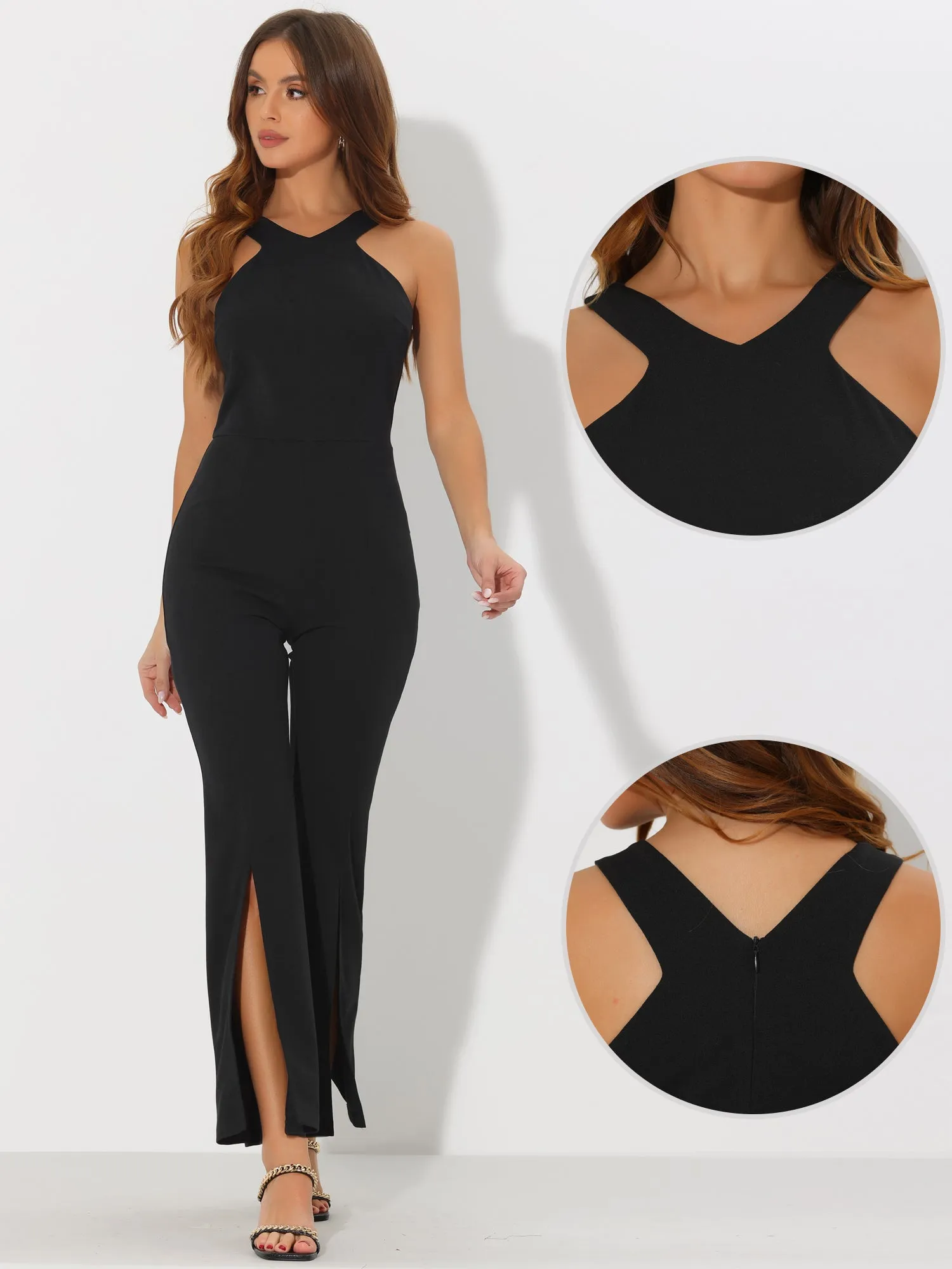 Halter Neck Sleeveless High Waist Split Hem Flare Leg Jumpsuit sold by Allegra K product image thumbnail 2