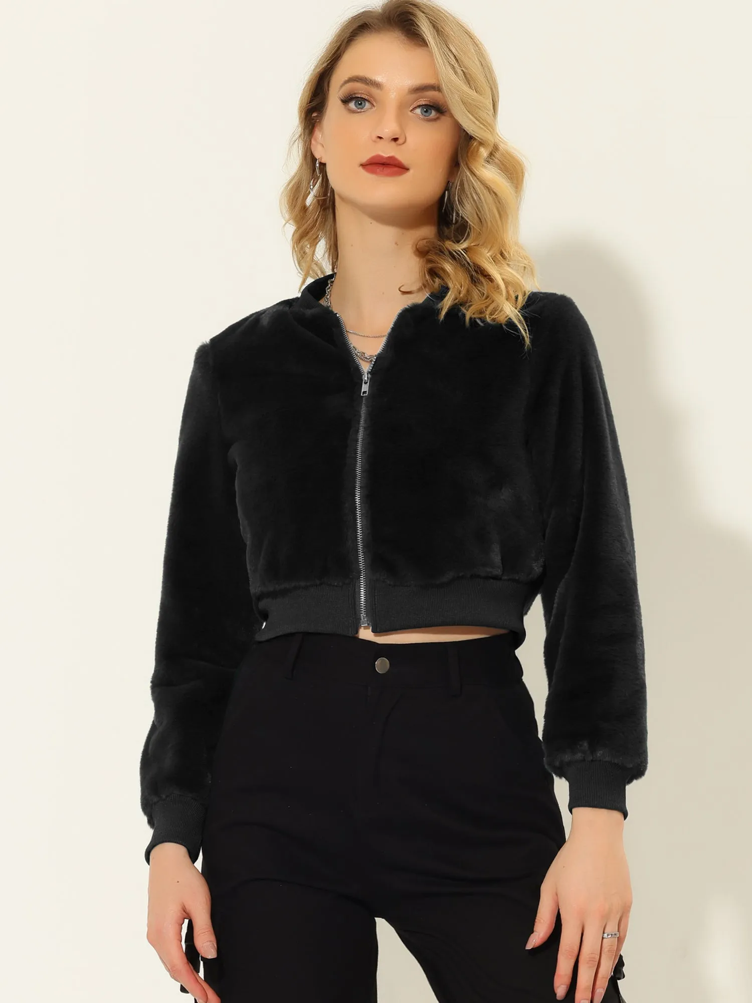 Faux Fur Long Sleeve Winter Zipper Up Cropped Bomber Jacket sold by Allegra K