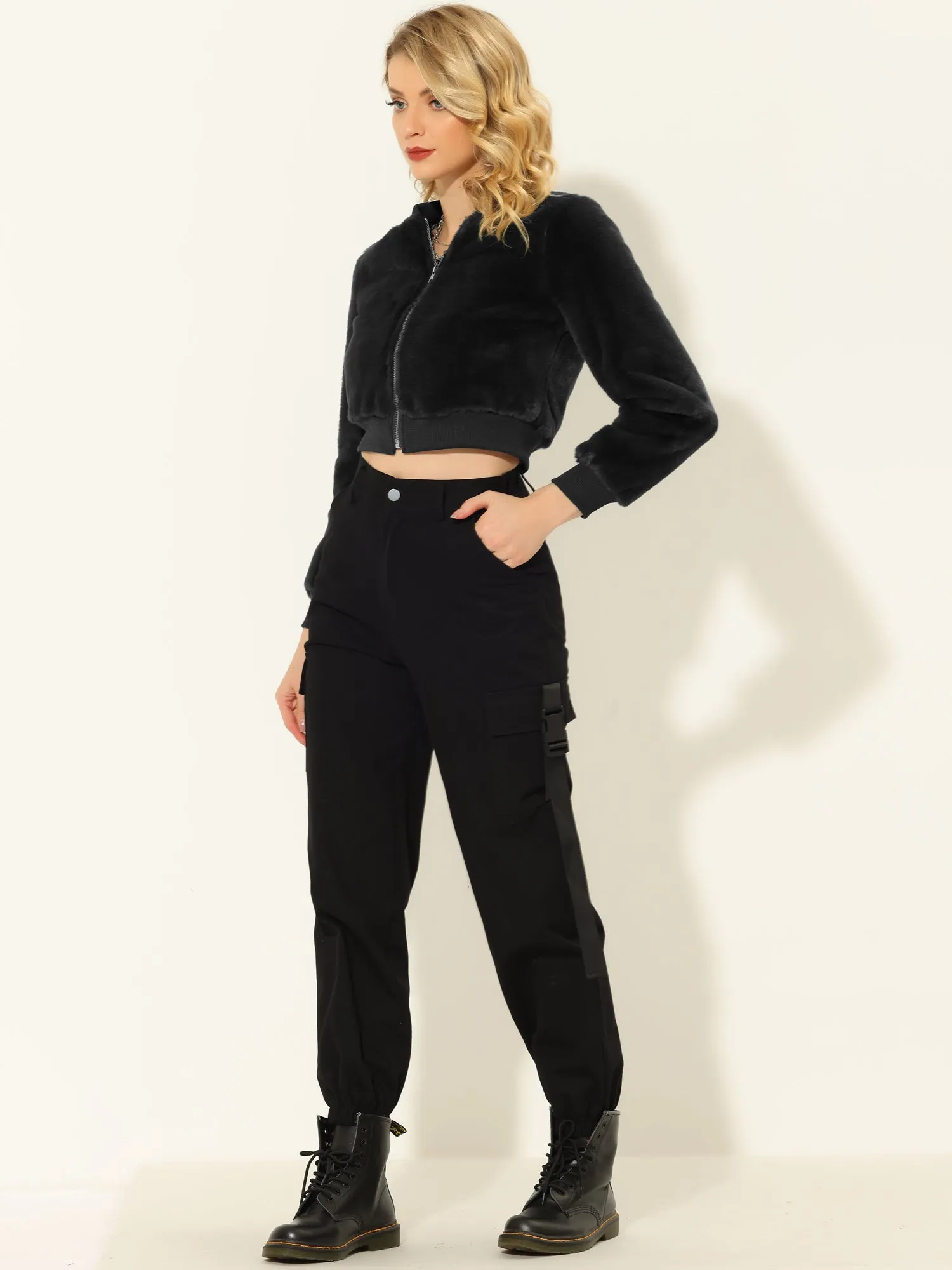 Faux Fur Long Sleeve Winter Zipper Up Cropped Bomber Jacket sold by Allegra K product image thumbnail 3