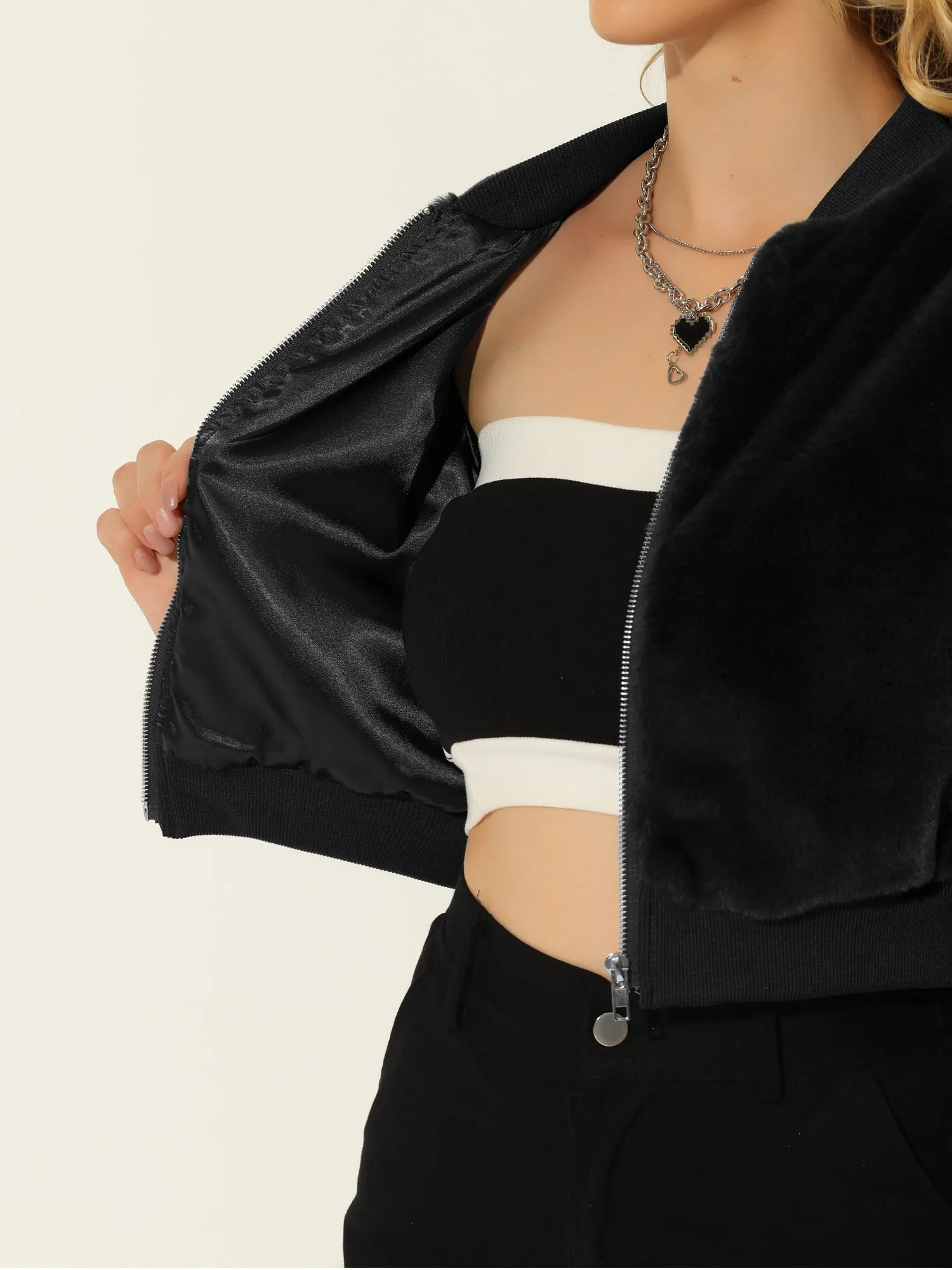 Faux Fur Long Sleeve Winter Zipper Up Cropped Bomber Jacket sold by Allegra K product image thumbnail 2