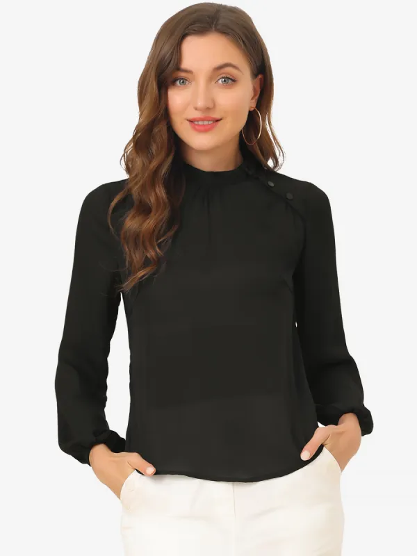 Semi-Sheer Top Elegant Stand Collar Chiffon Work Blouse sold by Allegra K