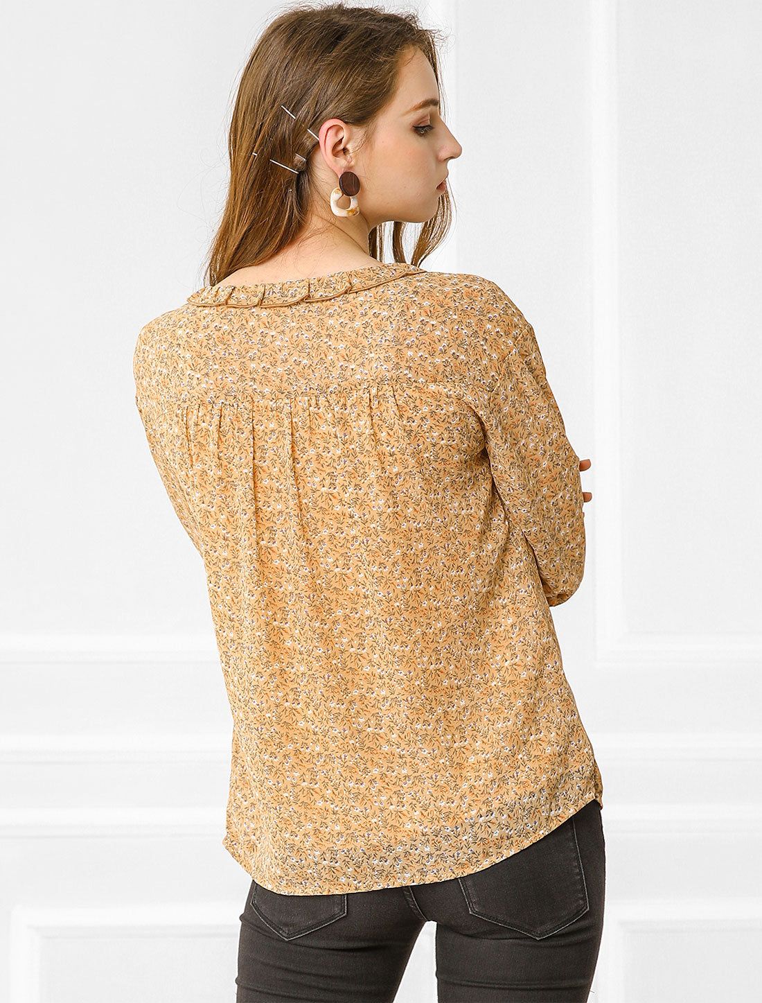 Peasant Chiffon Top Blouse Long Sleeve Ruffle Floral Button Shirt sold by Allegra K product image thumbnail 4