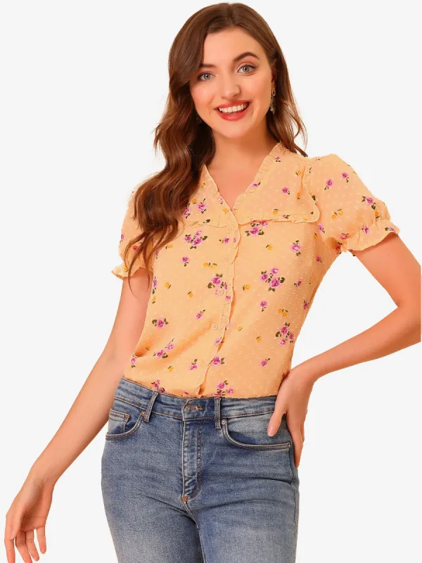 Swiss Dots Blouse V Neck Casual Chiffon Floral Shirt sold by Allegra K