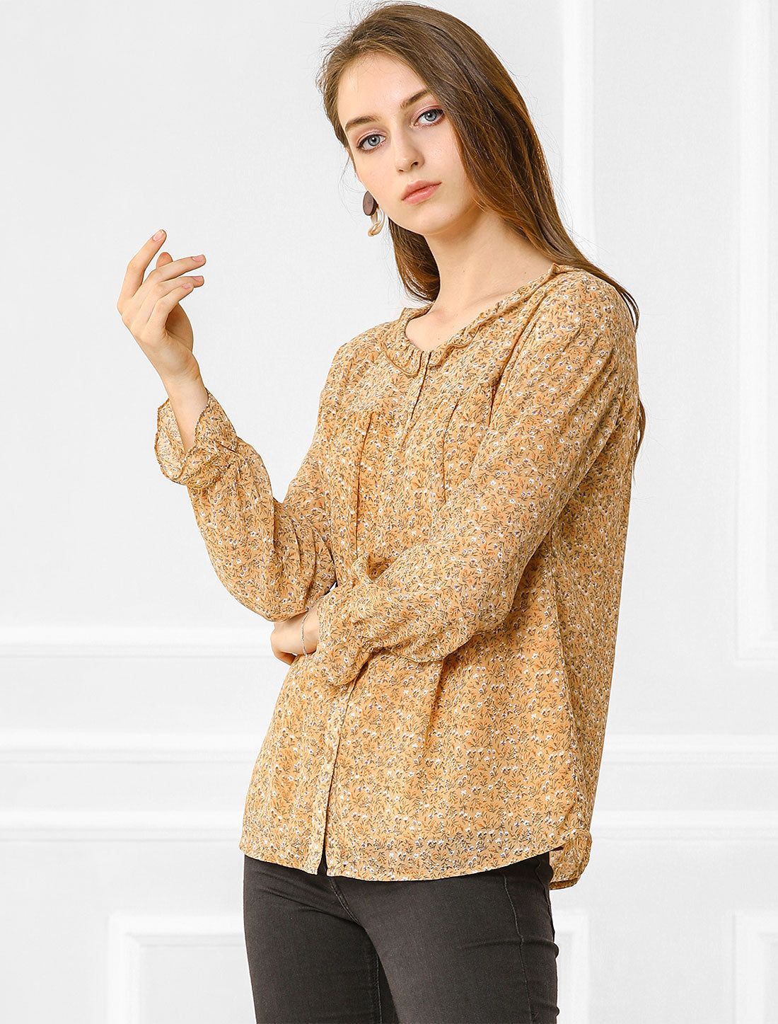 Peasant Chiffon Top Blouse Long Sleeve Ruffle Floral Button Shirt sold by Allegra K product image thumbnail 3