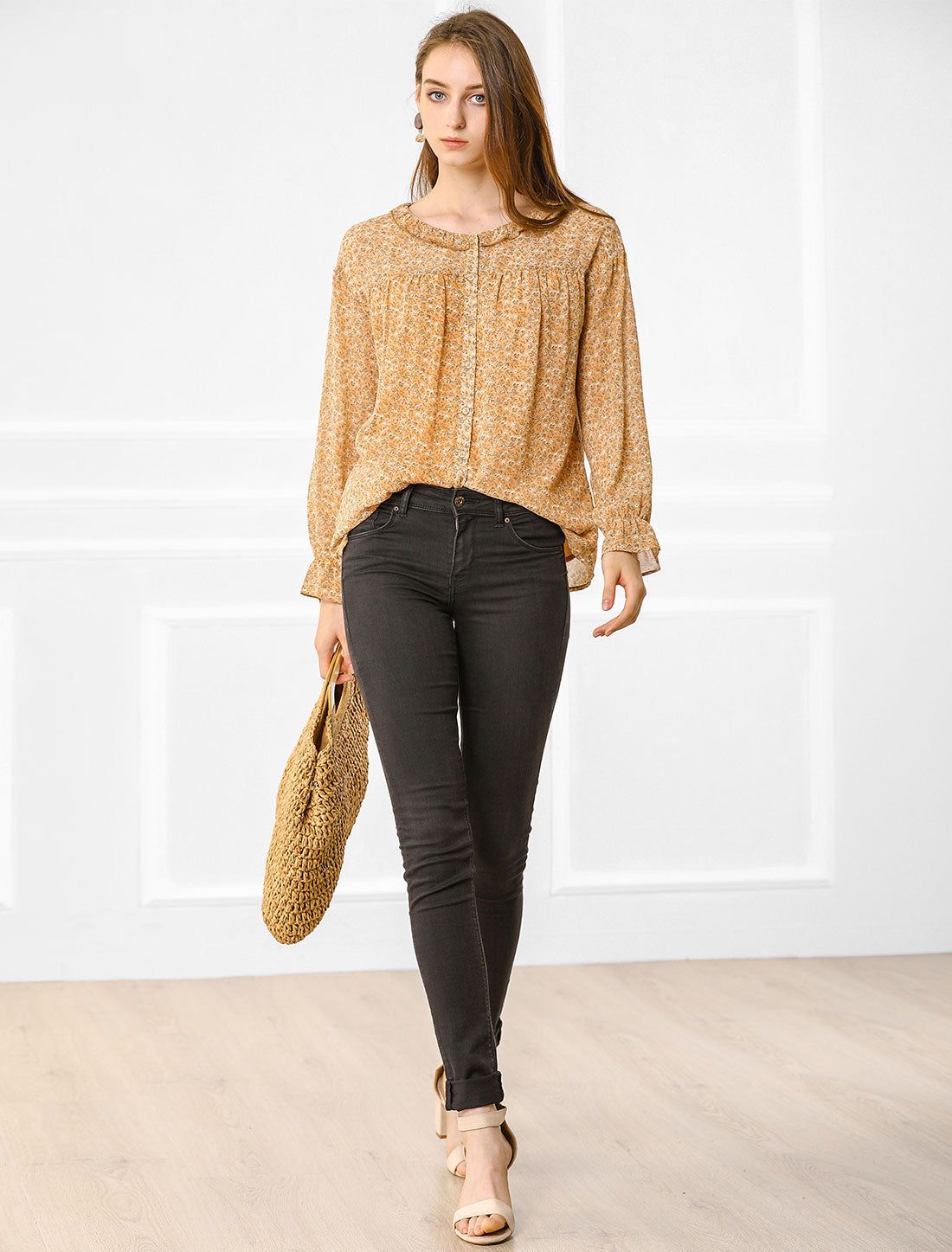 Peasant Chiffon Top Blouse Long Sleeve Ruffle Floral Button Shirt sold by Allegra K product image thumbnail 2