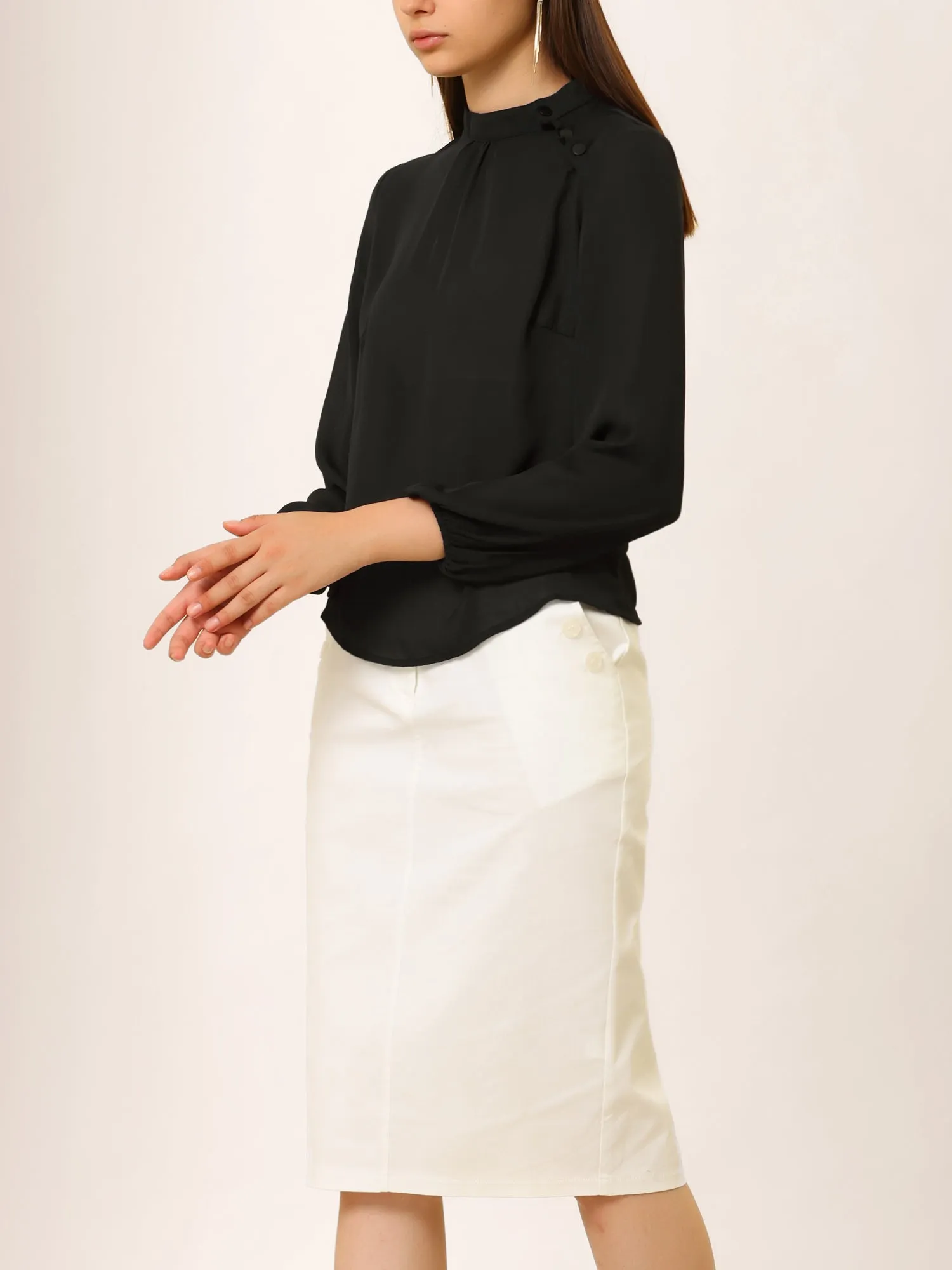 Semi-Sheer Top Elegant Stand Collar Chiffon Work Blouse sold by Allegra K product image thumbnail 4