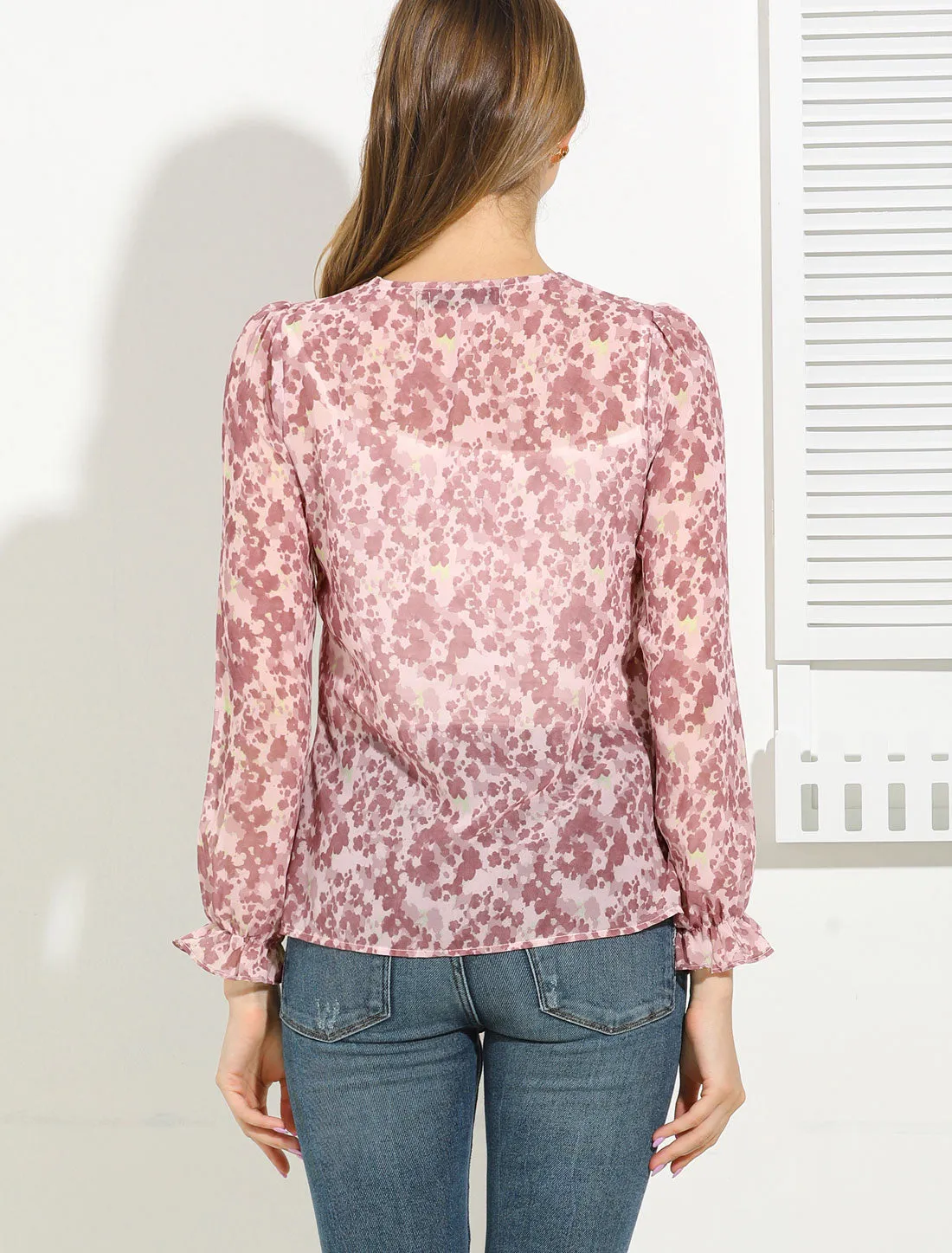 Puff Sleeve Floral Print Ruffled Pintuck Pleat Ruched Blouse Top sold by Allegra K product image thumbnail 4