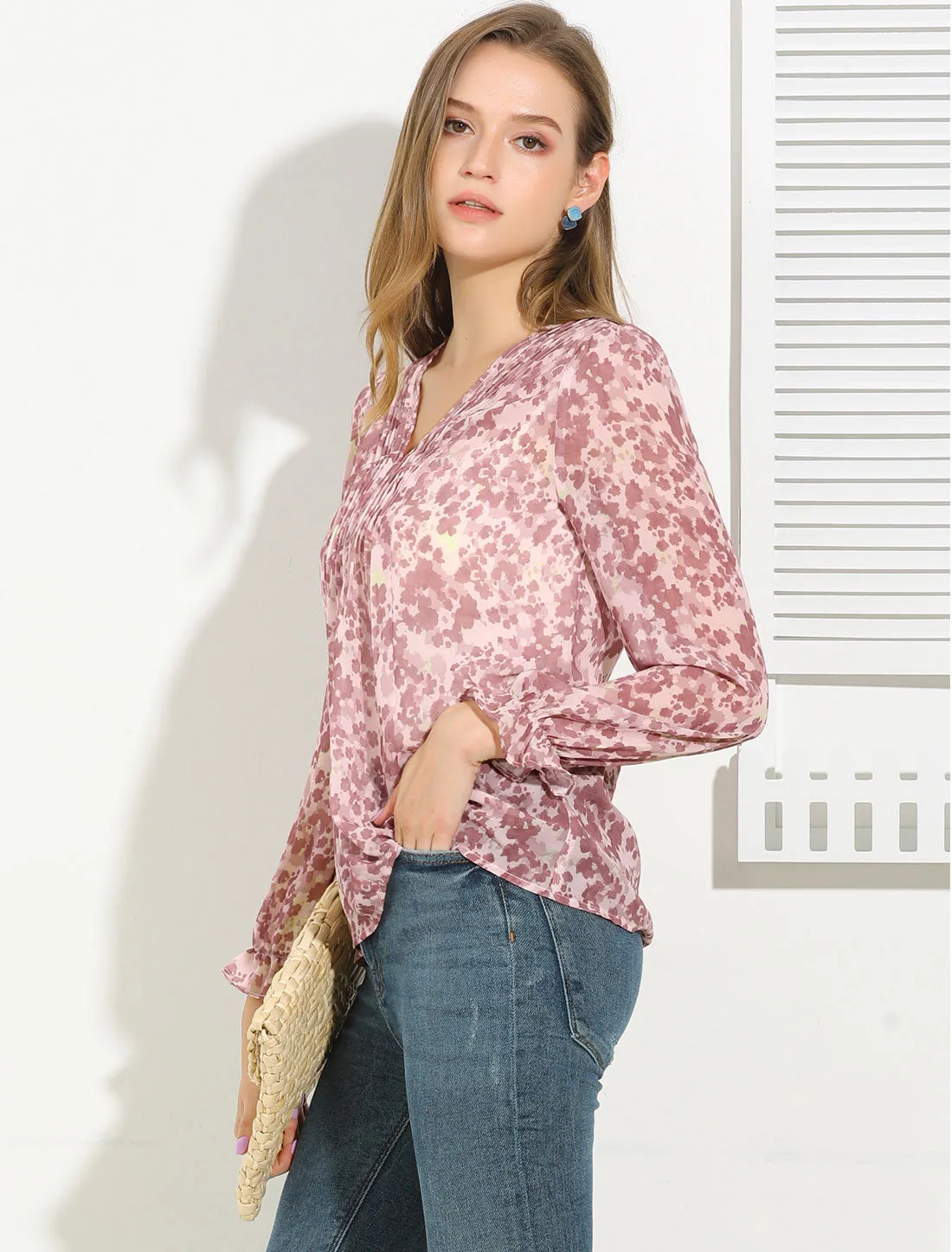 Puff Sleeve Floral Print Ruffled Pintuck Pleat Ruched Blouse Top sold by Allegra K