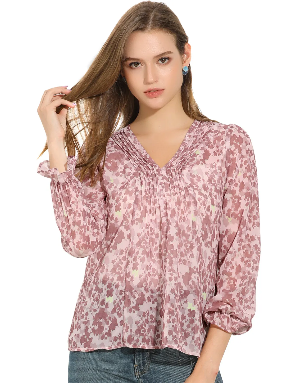 Puff Sleeve Floral Print Ruffled Pintuck Pleat Ruched Blouse Top sold by Allegra K product image thumbnail 2