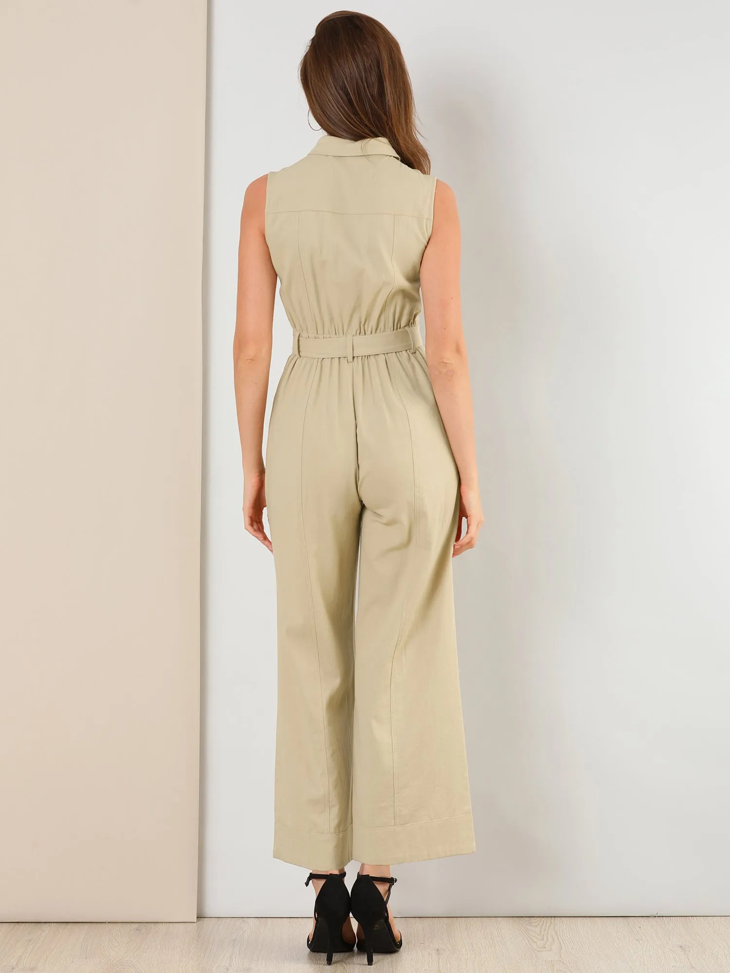 Button Down Collared Wide Leg Tie Jumpsuit Sleeveless Jumpsuits sold by Allegra K product image thumbnail 4