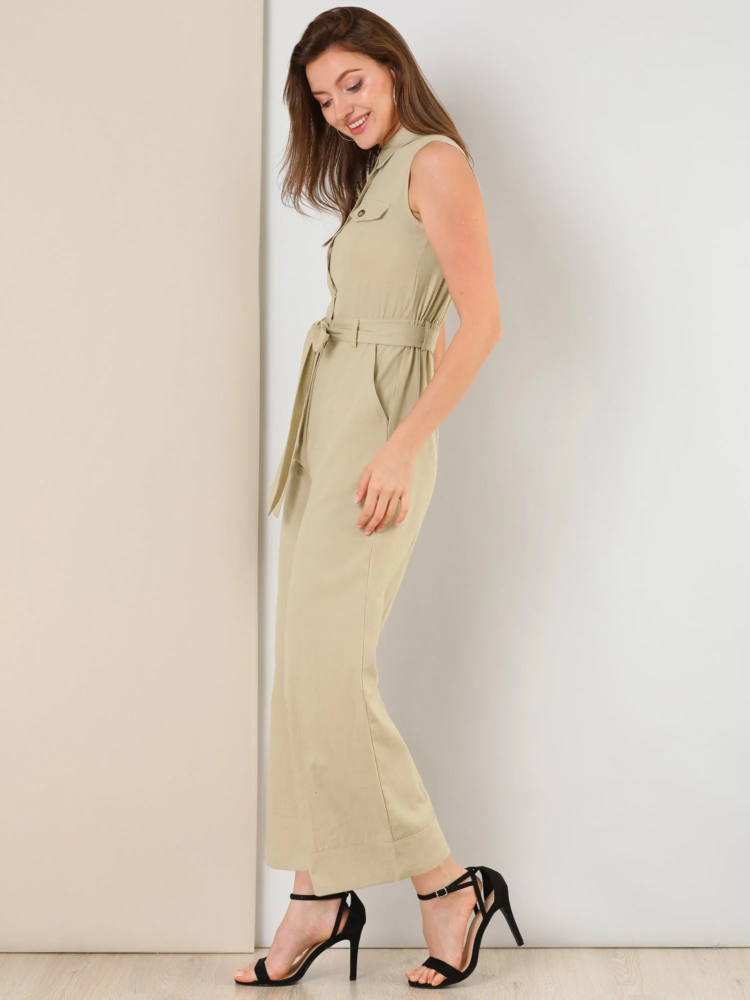 Button Down Collared Wide Leg Tie Jumpsuit Sleeveless Jumpsuits sold by Allegra K product image thumbnail 3