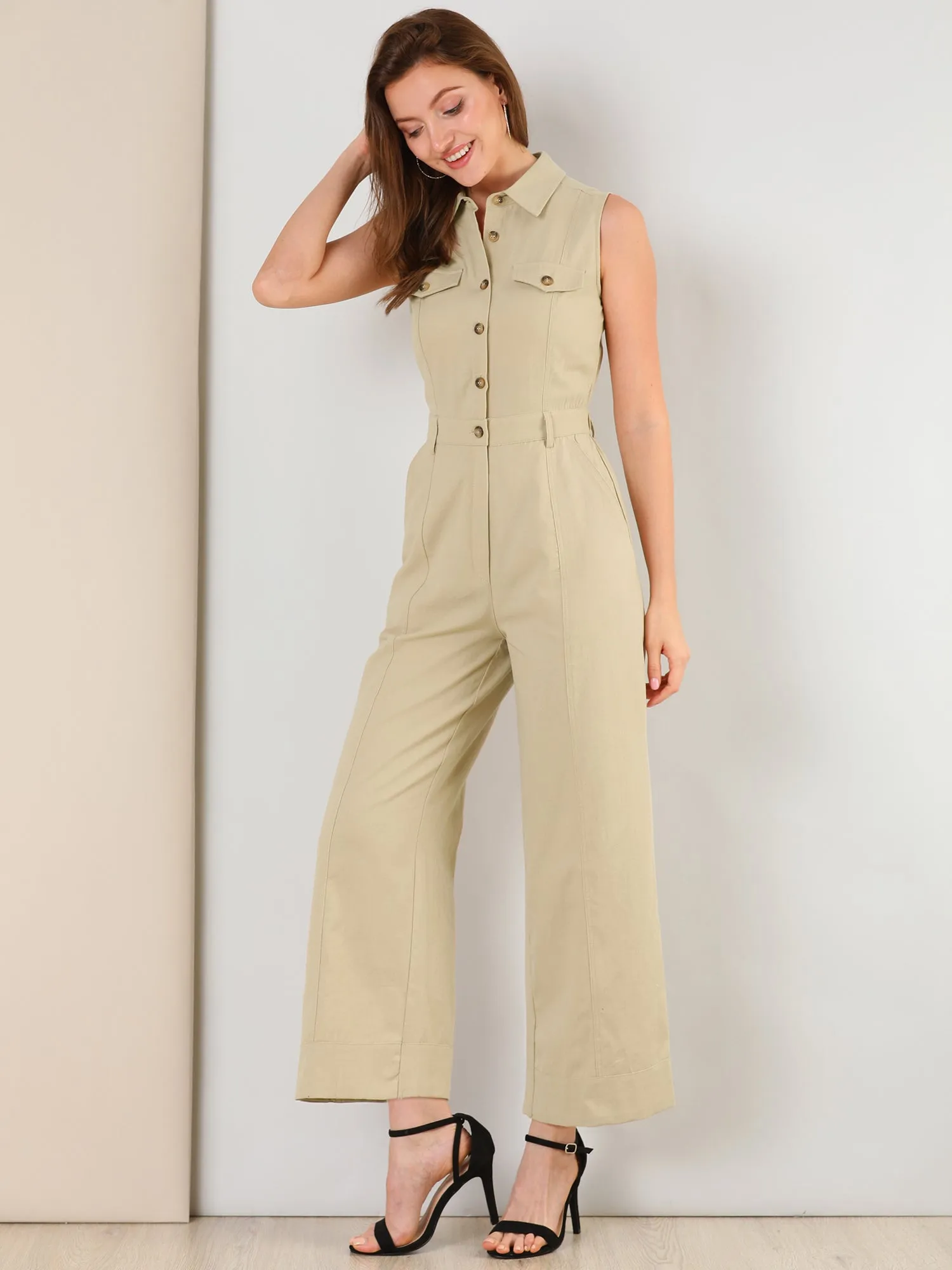 Button Down Collared Wide Leg Tie Jumpsuit Sleeveless Jumpsuits sold by Allegra K product image thumbnail 5