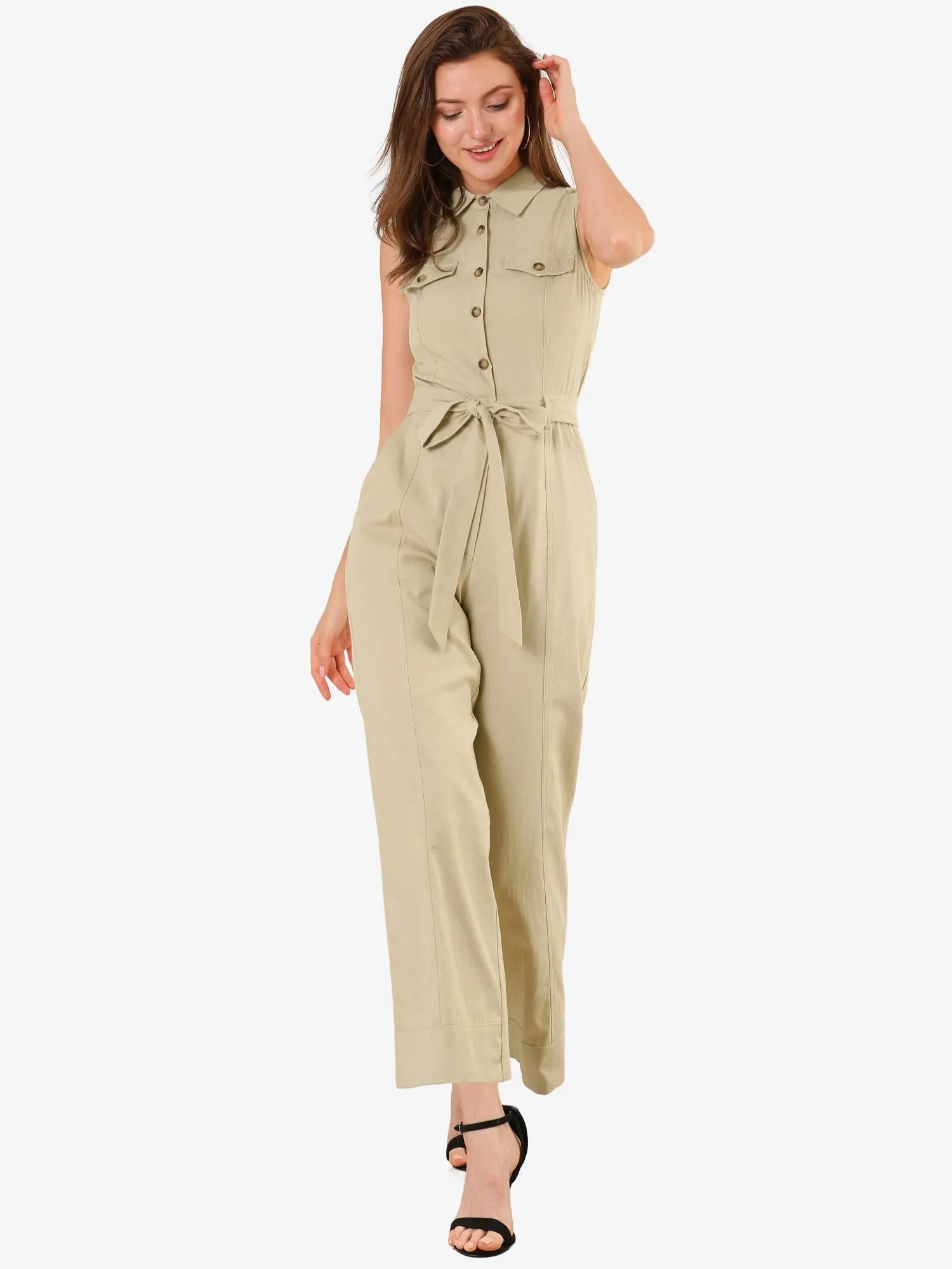 Button Down Collared Wide Leg Tie Jumpsuit Sleeveless Jumpsuits sold by Allegra K