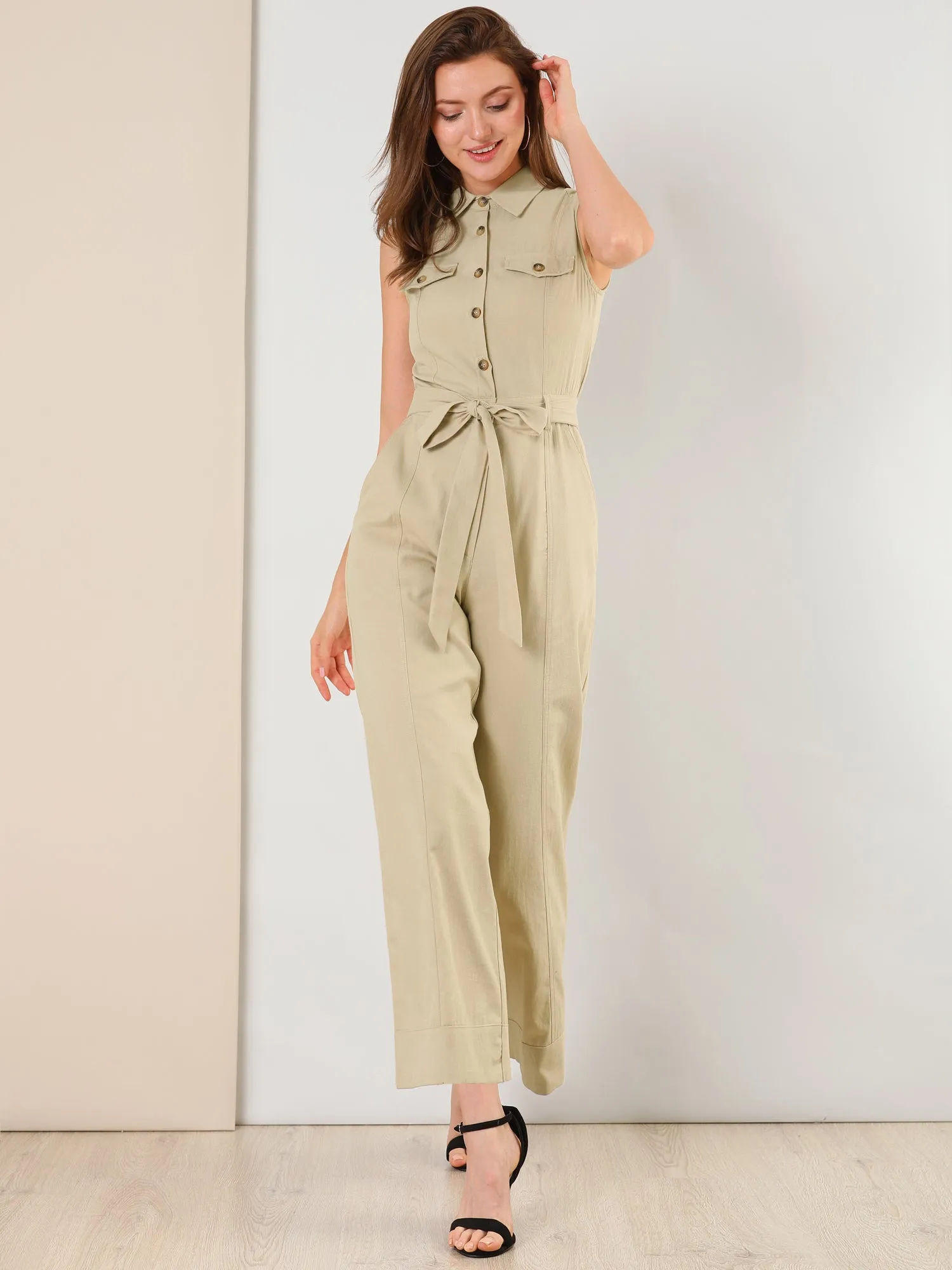 Button Down Collared Wide Leg Tie Jumpsuit Sleeveless Jumpsuits sold by Allegra K product image thumbnail 2
