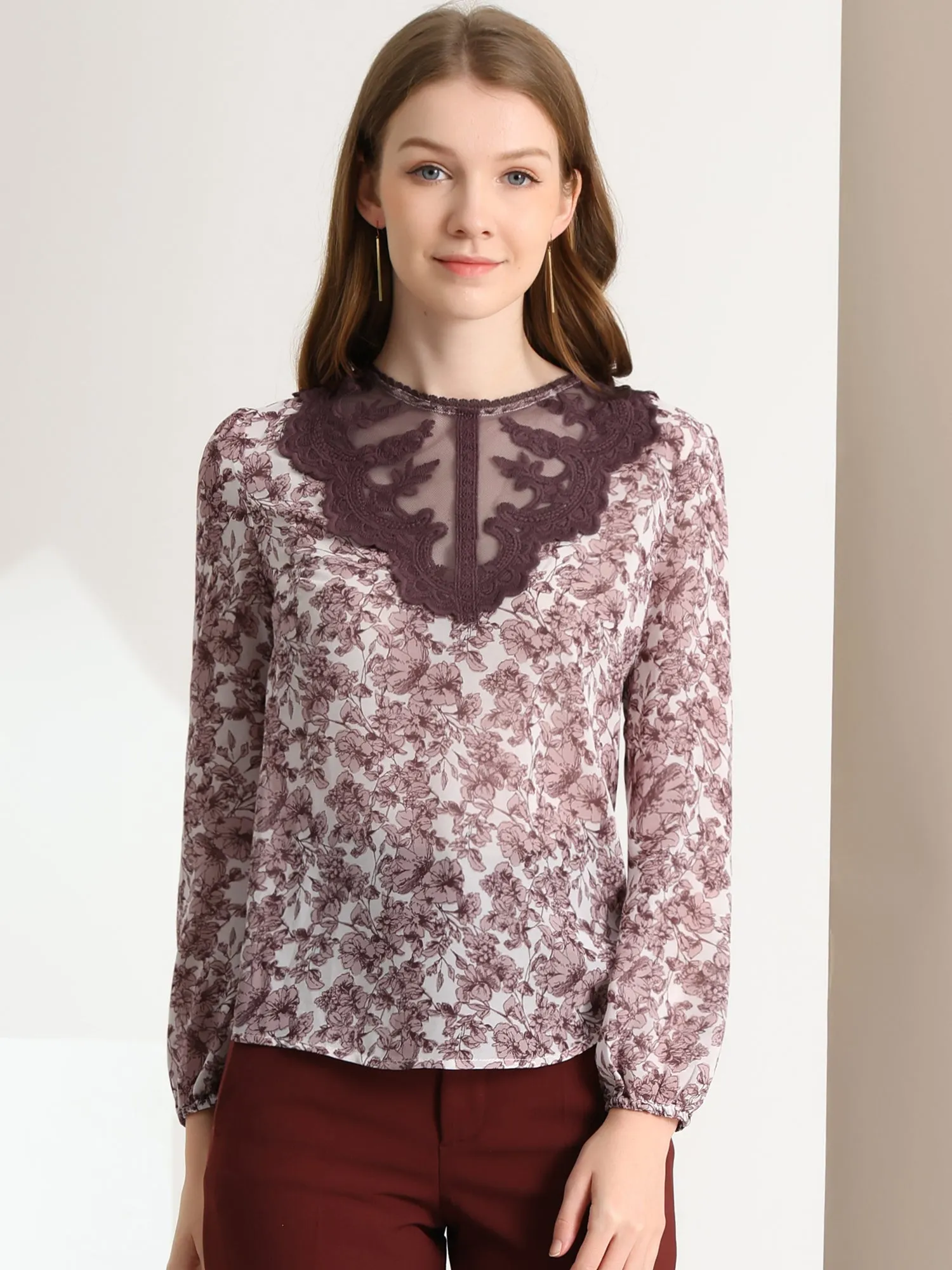 Elegant Lace Panel Tops Long Sleeve Chiffon Floral Blouse sold by Allegra K product image thumbnail 2