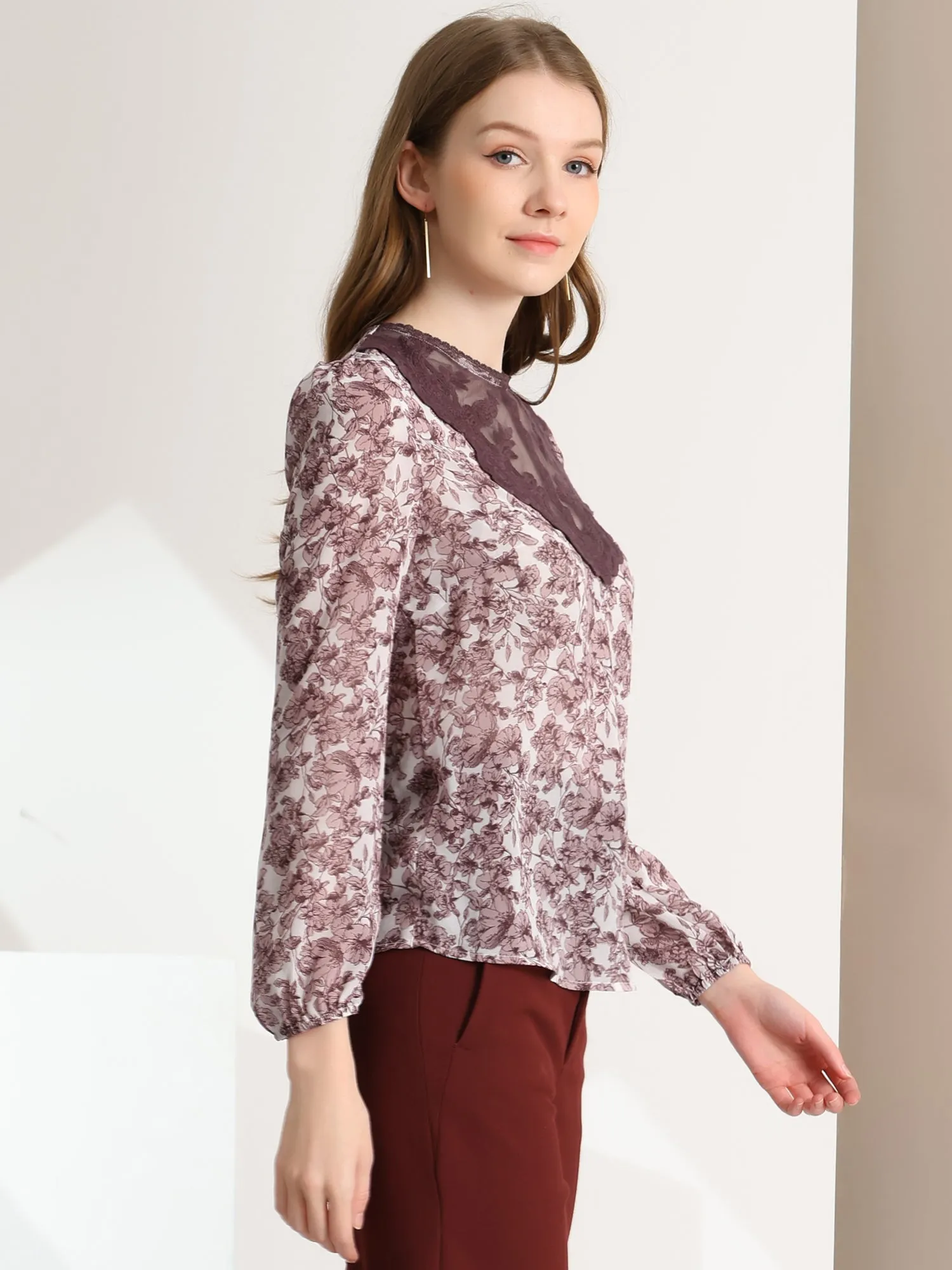 Elegant Lace Panel Tops Long Sleeve Chiffon Floral Blouse sold by Allegra K product image thumbnail 3