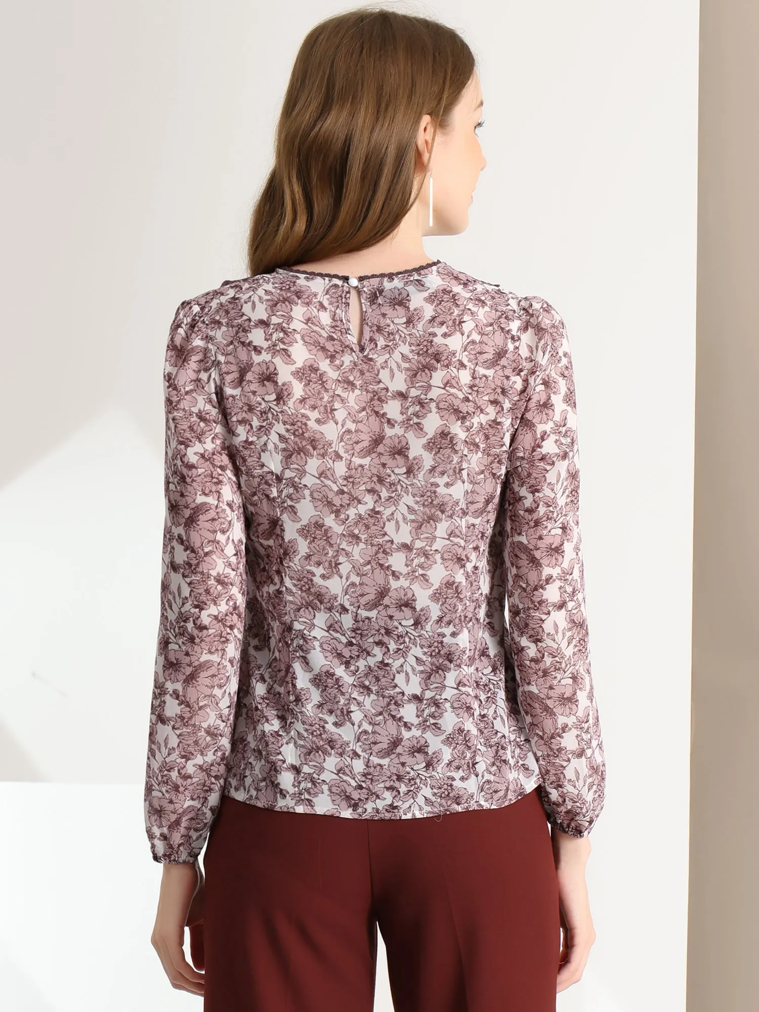 Elegant Lace Panel Tops Long Sleeve Chiffon Floral Blouse sold by Allegra K product image thumbnail 4