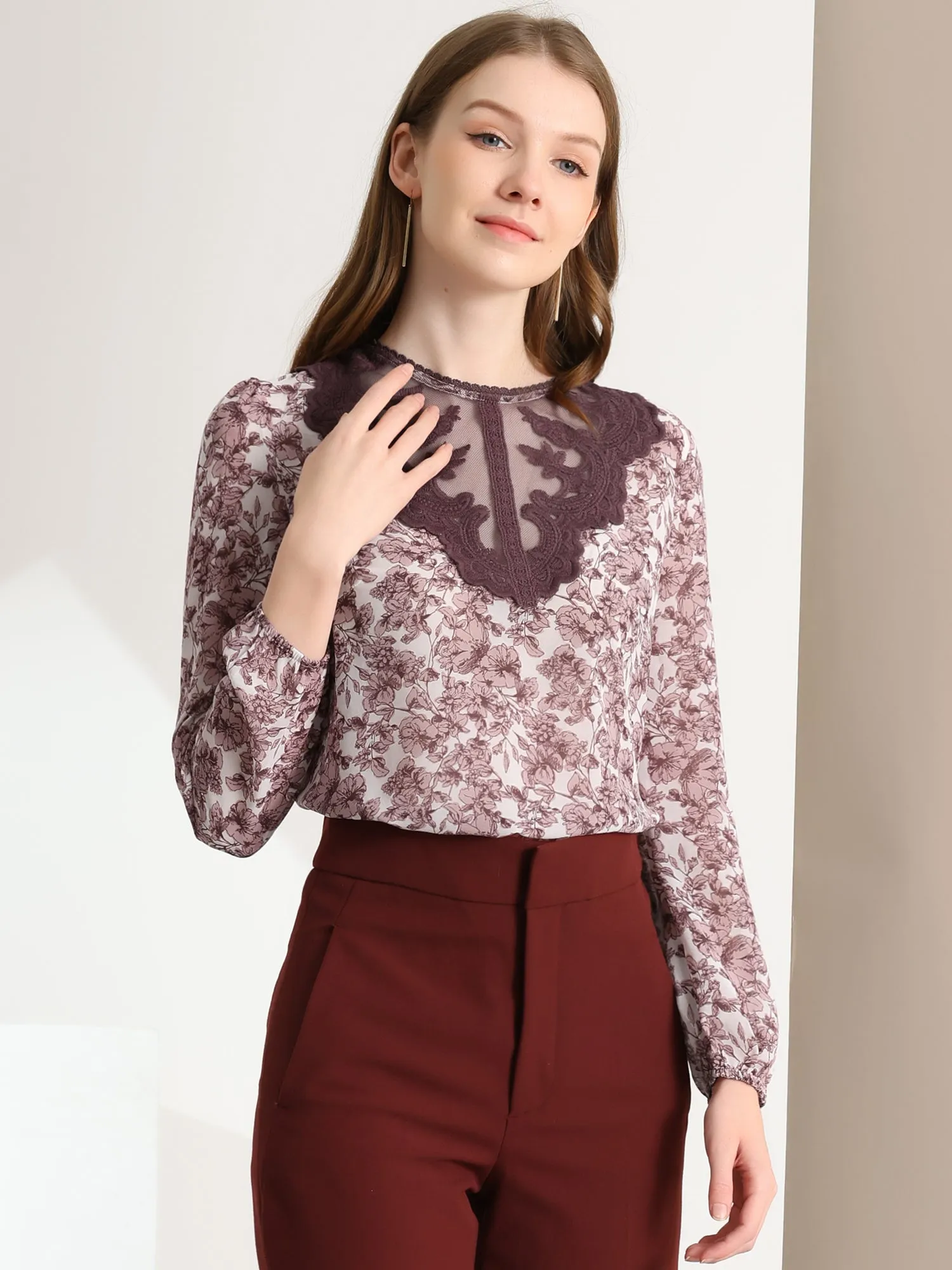 Elegant Lace Panel Tops Long Sleeve Chiffon Floral Blouse sold by Allegra K