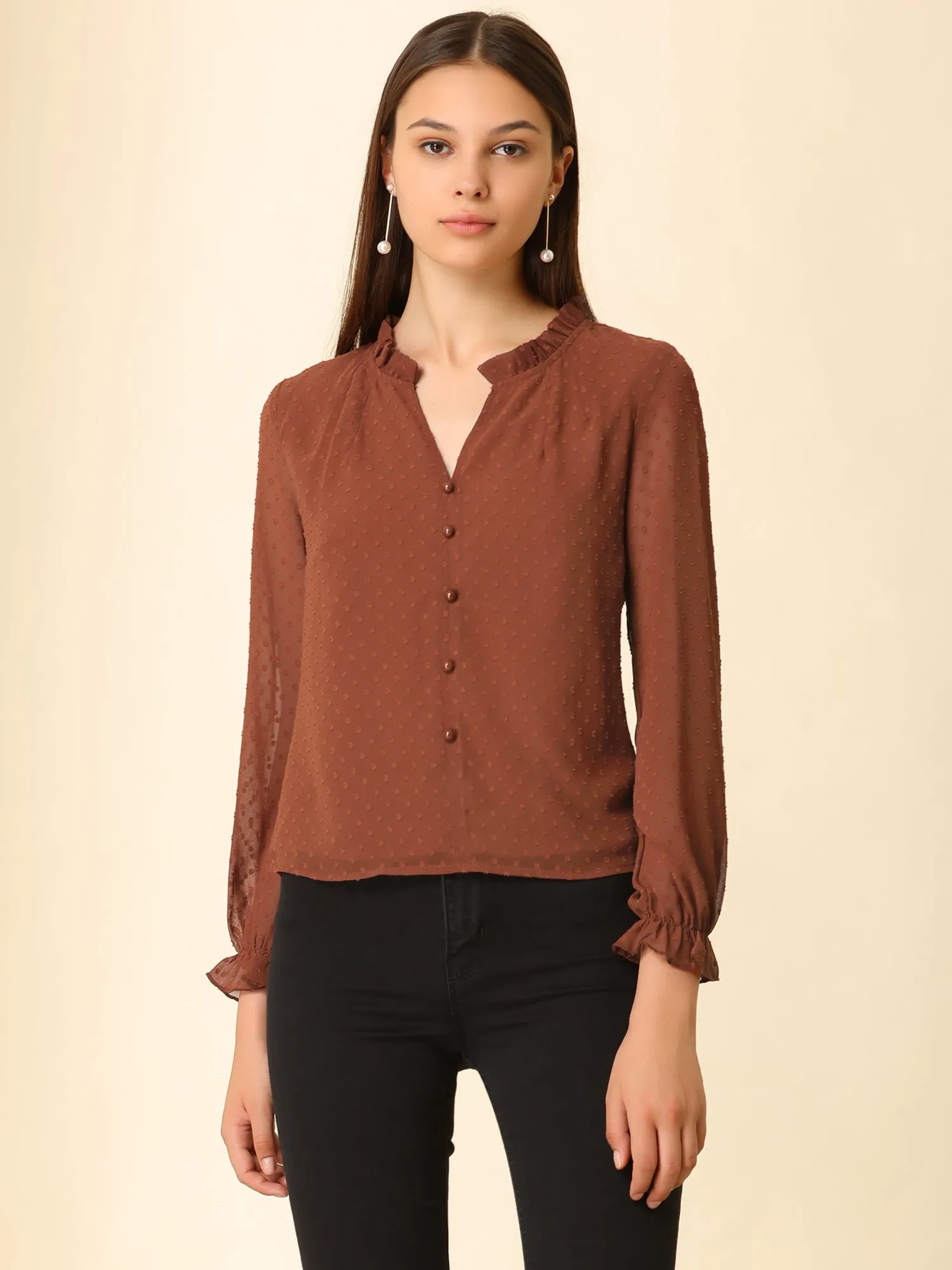 Lantern Sleeve Ruffle V Neck Semi-sheer Swiss Dot Chiffon Blouse sold by Allegra K product image thumbnail 2