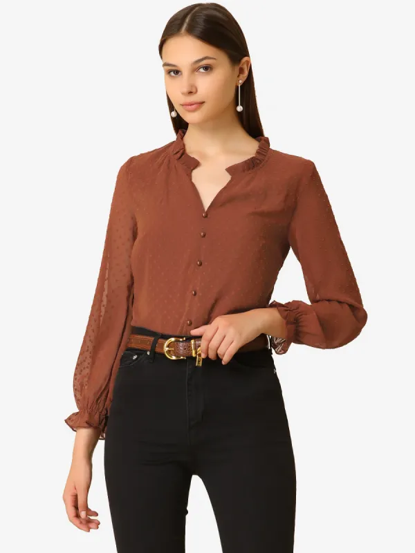 Lantern Sleeve Ruffle V Neck Semi-sheer Swiss Dot Chiffon Blouse sold by Allegra K