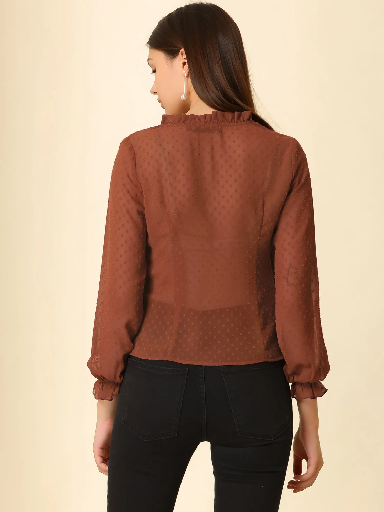 Lantern Sleeve Ruffle V Neck Semi-sheer Swiss Dot Chiffon Blouse sold by Allegra K product image thumbnail 5