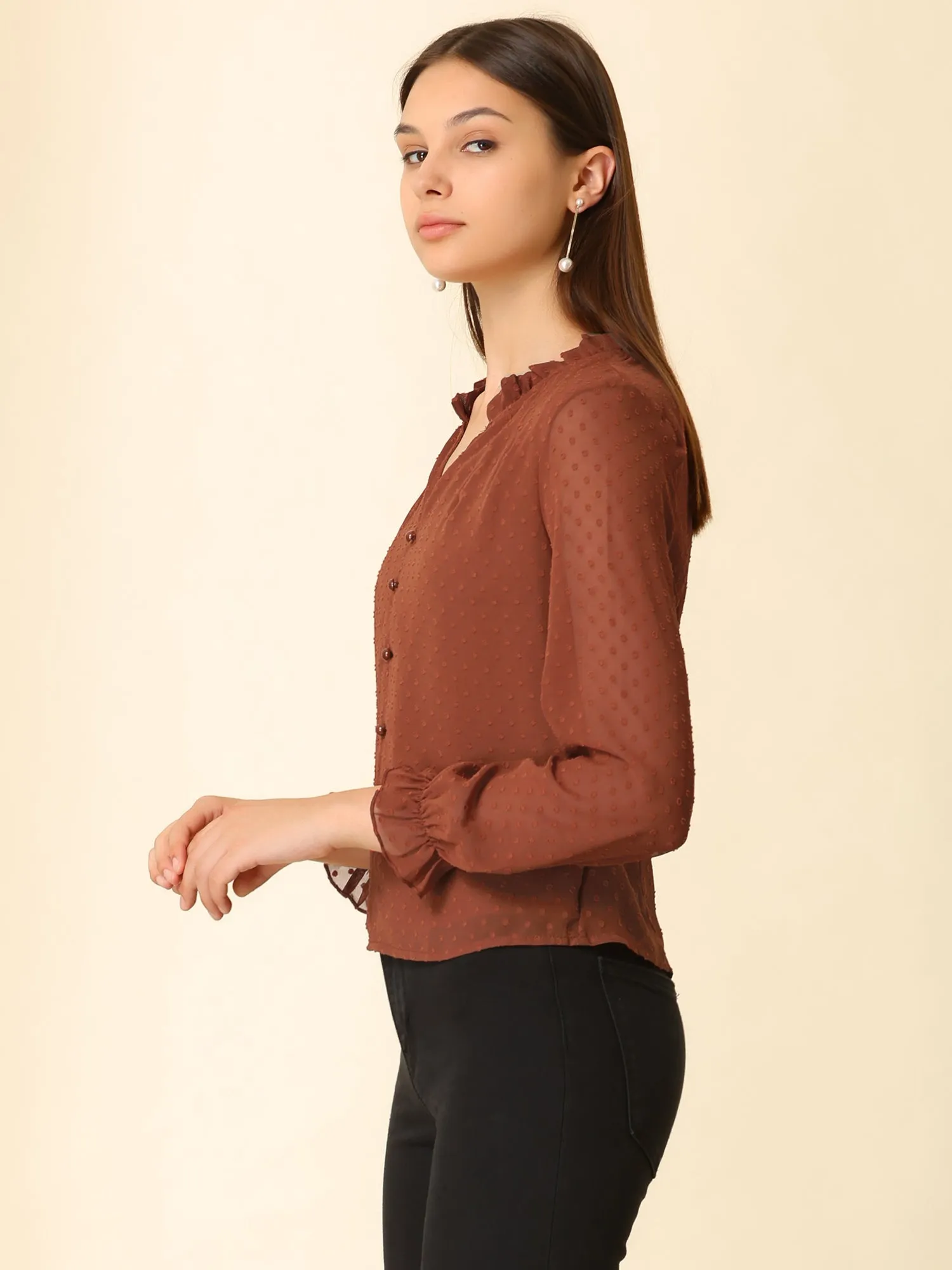 Lantern Sleeve Ruffle V Neck Semi-sheer Swiss Dot Chiffon Blouse sold by Allegra K product image thumbnail 4