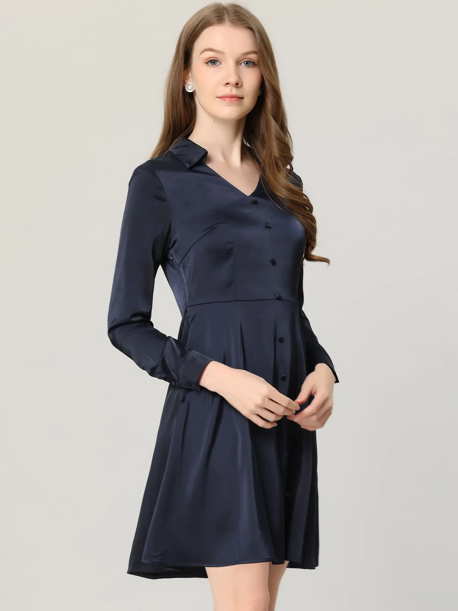 Work Smooth Silky Elegant Button Decor A-Line Satin Dress sold by Allegra K product image thumbnail 2