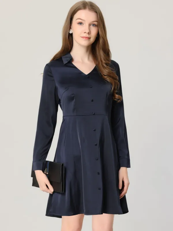 Work Smooth Silky Elegant Button Decor A-Line Satin Dress sold by Allegra K