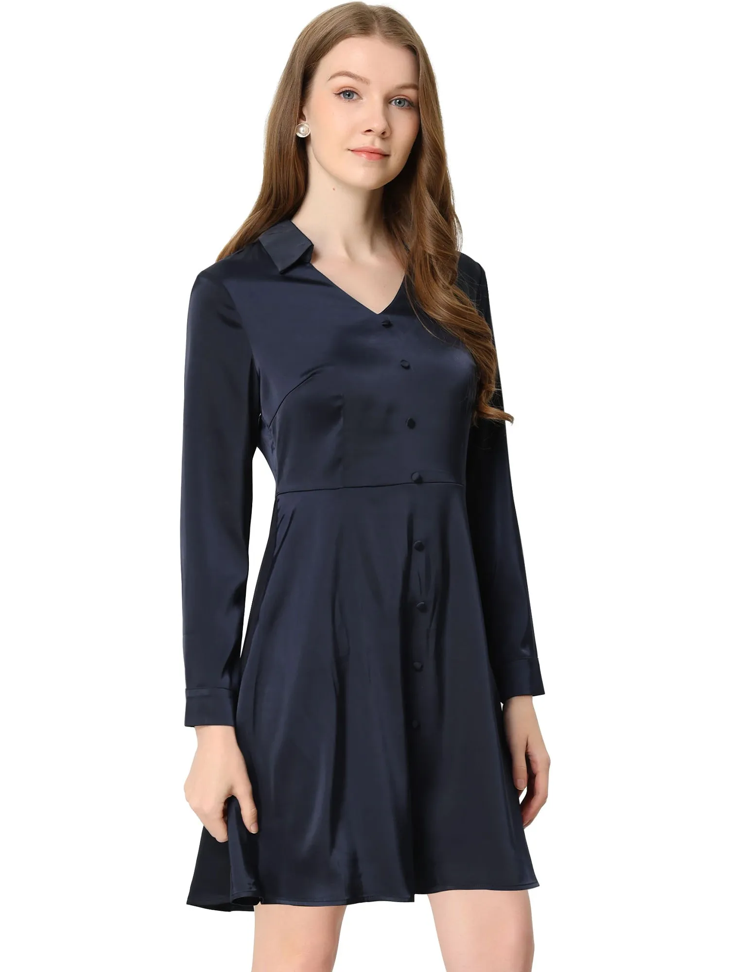 Work Smooth Silky Elegant Button Decor A-Line Satin Dress sold by Allegra K product image thumbnail 3