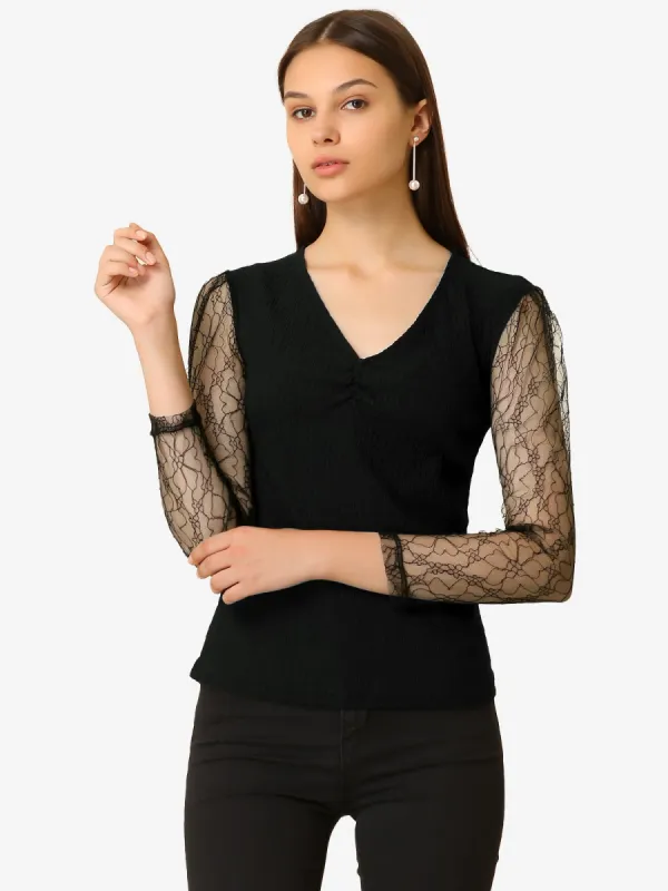 Ruched V Neck Slim Fit Sheer Mesh Puff Sleeve Blouse sold by Allegra K