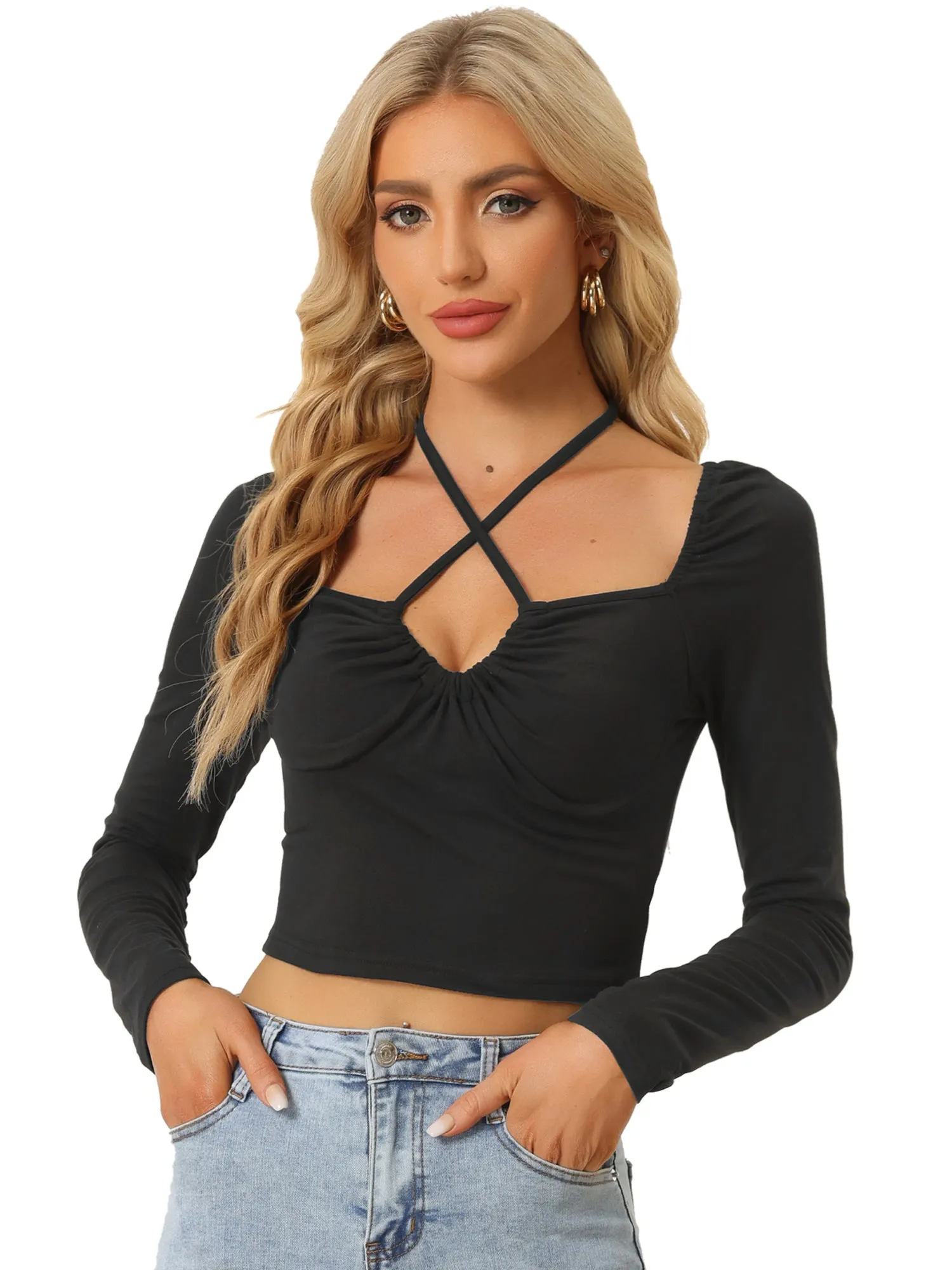 Sexy Criss Cross Halter Neck Tie Up Basic Long Sleeve T-Shirt sold by Allegra K product image thumbnail 5