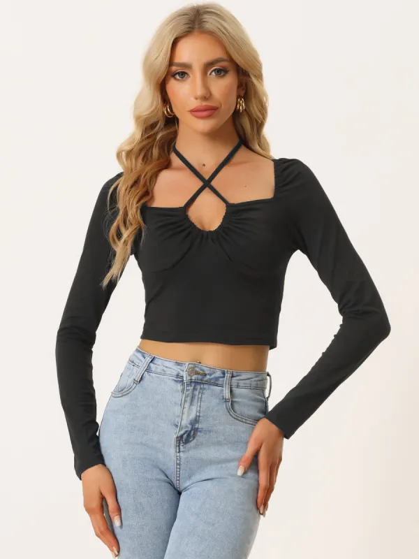 Sexy Criss Cross Halter Neck Tie Up Basic Long Sleeve T-Shirt sold by Allegra K