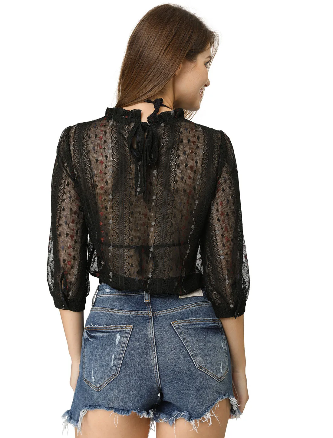 Valentine's Day 3/4 Sleeve Ruffle Mock Neck Sheer Lace Top sold by Allegra K product image thumbnail 3