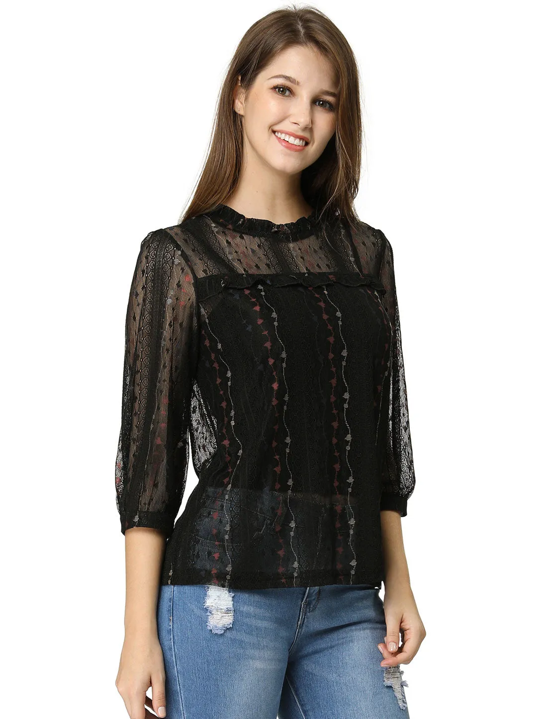 Valentine's Day 3/4 Sleeve Ruffle Mock Neck Sheer Lace Top sold by Allegra K product image thumbnail 4