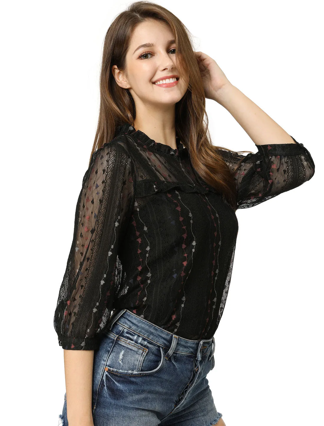 Valentine's Day 3/4 Sleeve Ruffle Mock Neck Sheer Lace Top sold by Allegra K product image thumbnail 2