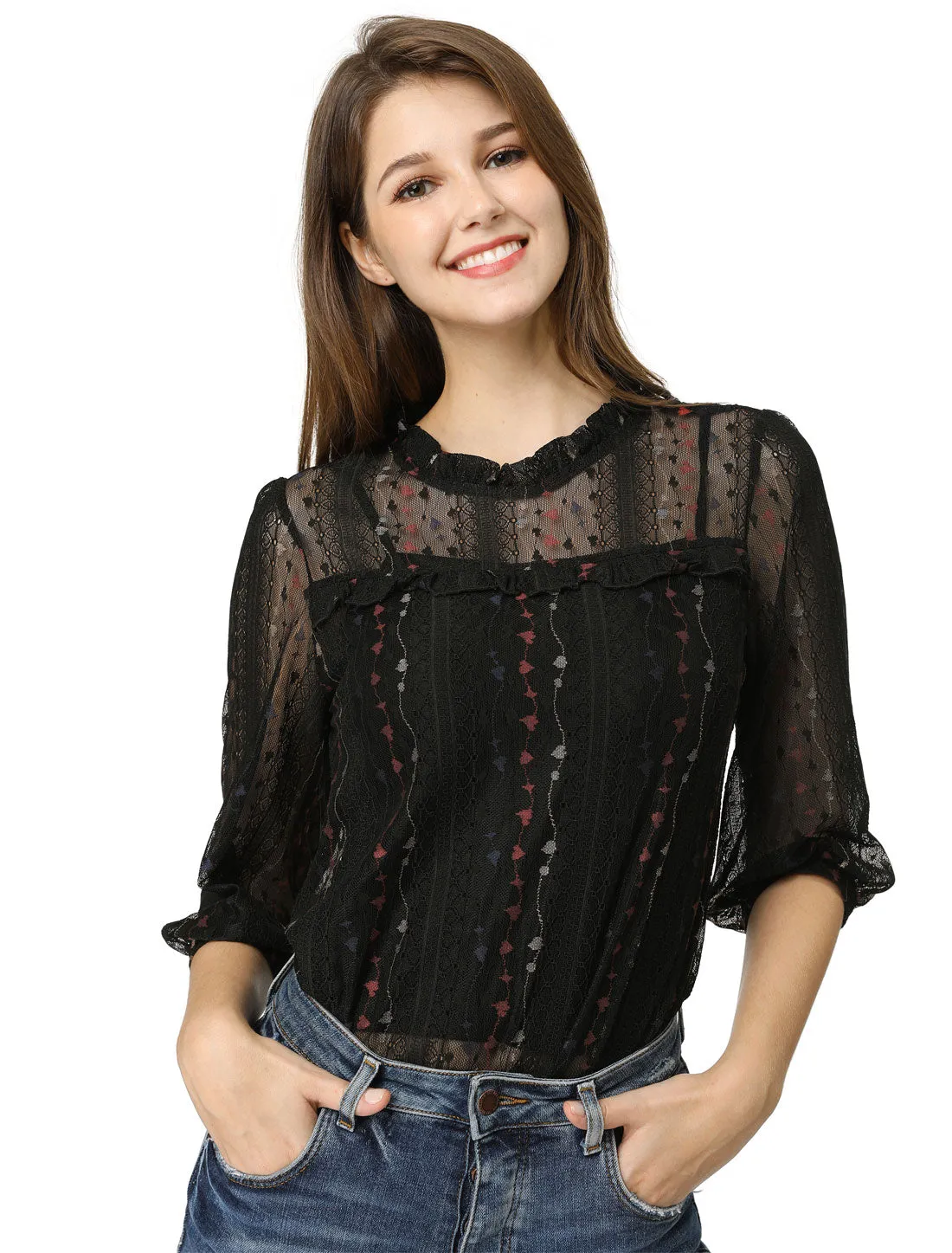 Valentine's Day 3/4 Sleeve Ruffle Mock Neck Sheer Lace Top sold by Allegra K