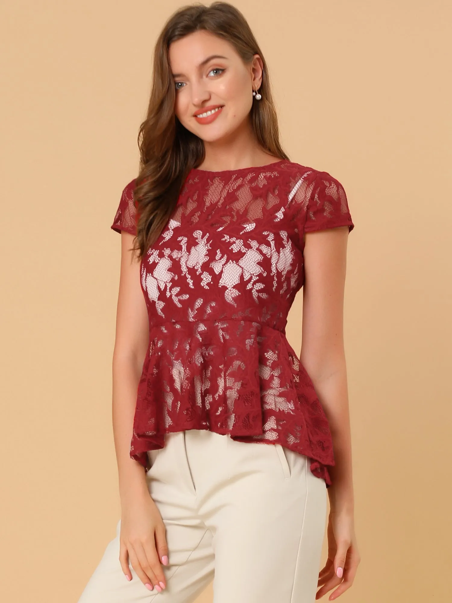 Cap Sleeve High Low Hem Lace a Line Peplum Top sold by Allegra K product image thumbnail 3