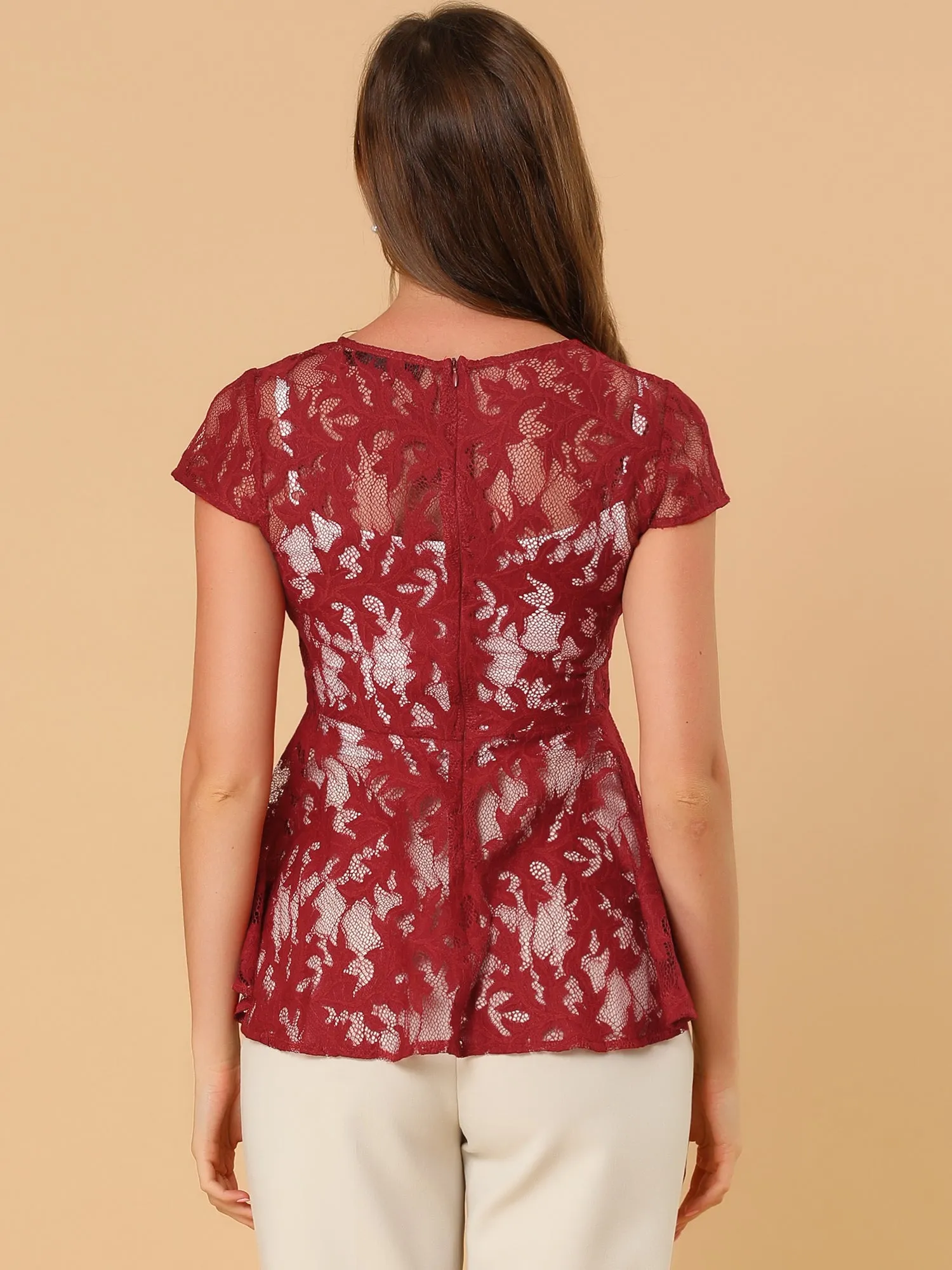 Cap Sleeve High Low Hem Lace a Line Peplum Top sold by Allegra K product image thumbnail 5