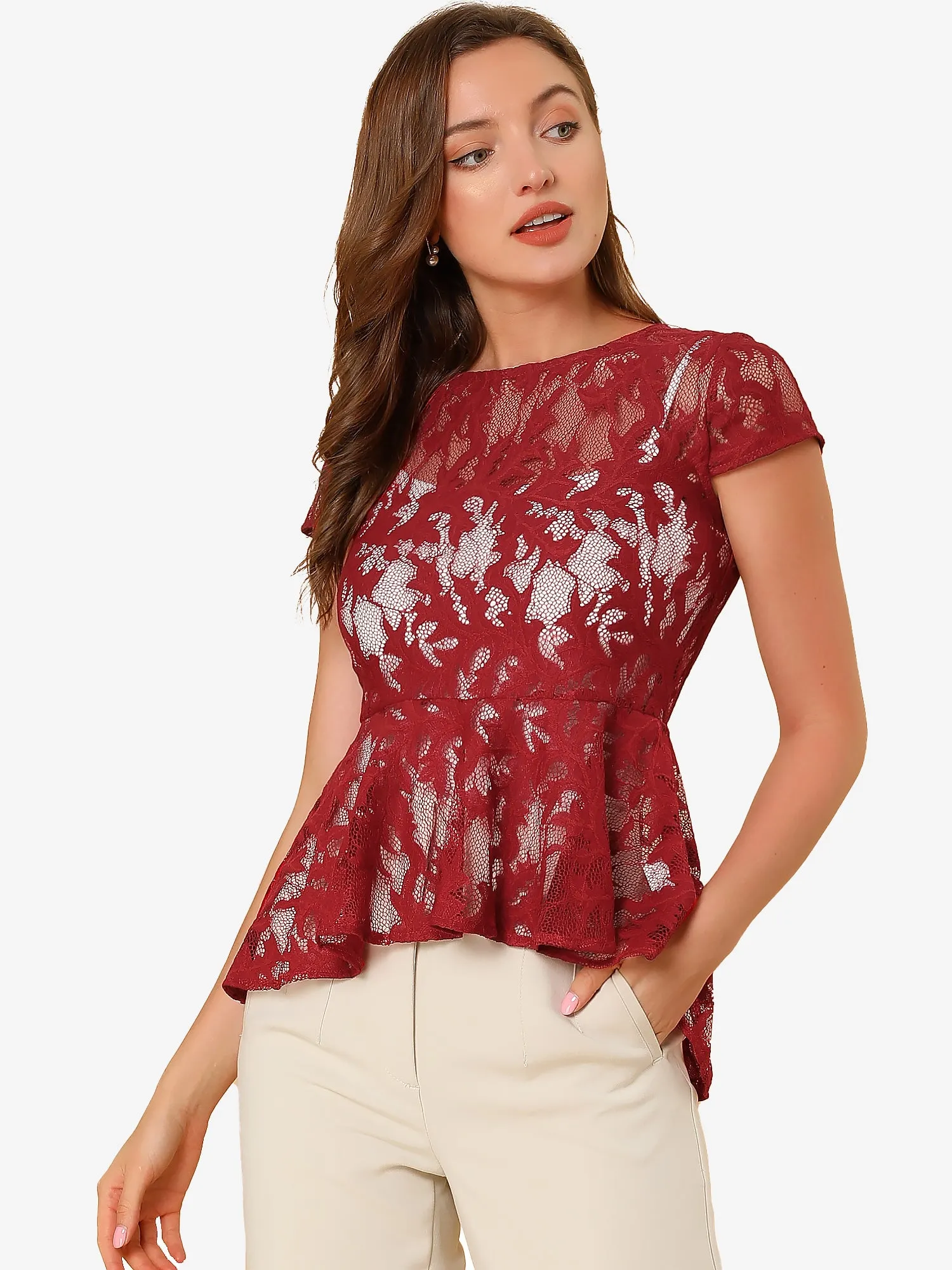 Cap Sleeve High Low Hem Lace a Line Peplum Top sold by Allegra K