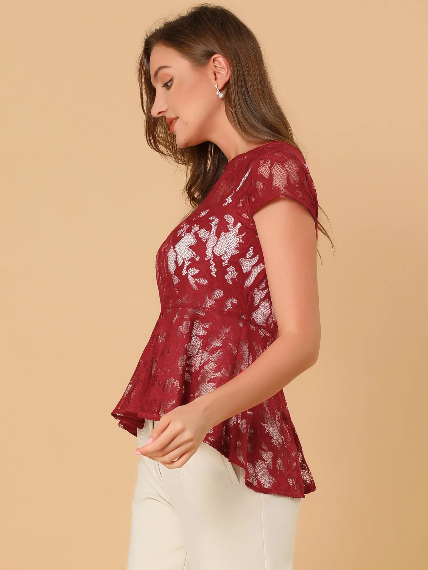Cap Sleeve High Low Hem Lace a Line Peplum Top sold by Allegra K product image thumbnail 4