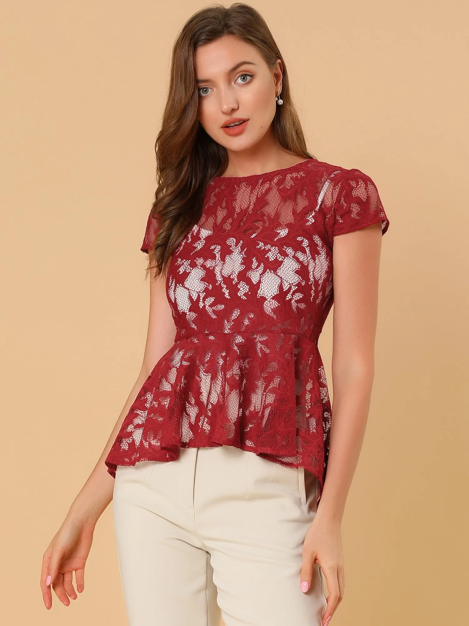 Cap Sleeve High Low Hem Lace a Line Peplum Top sold by Allegra K product image thumbnail 2