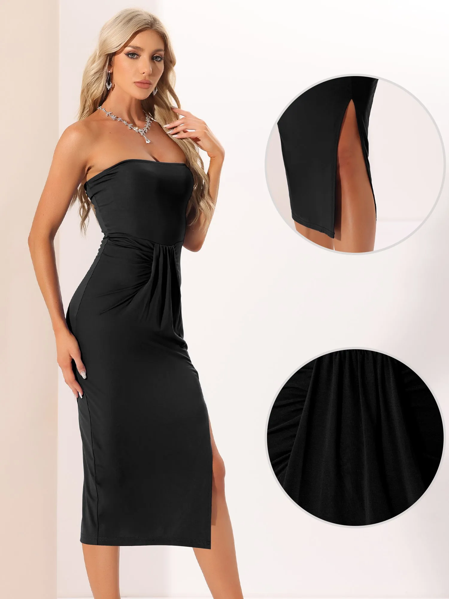 Strapless Side Split Ruched Wrap Party Cocktail Midi Dress sold by Allegra K product image thumbnail 2