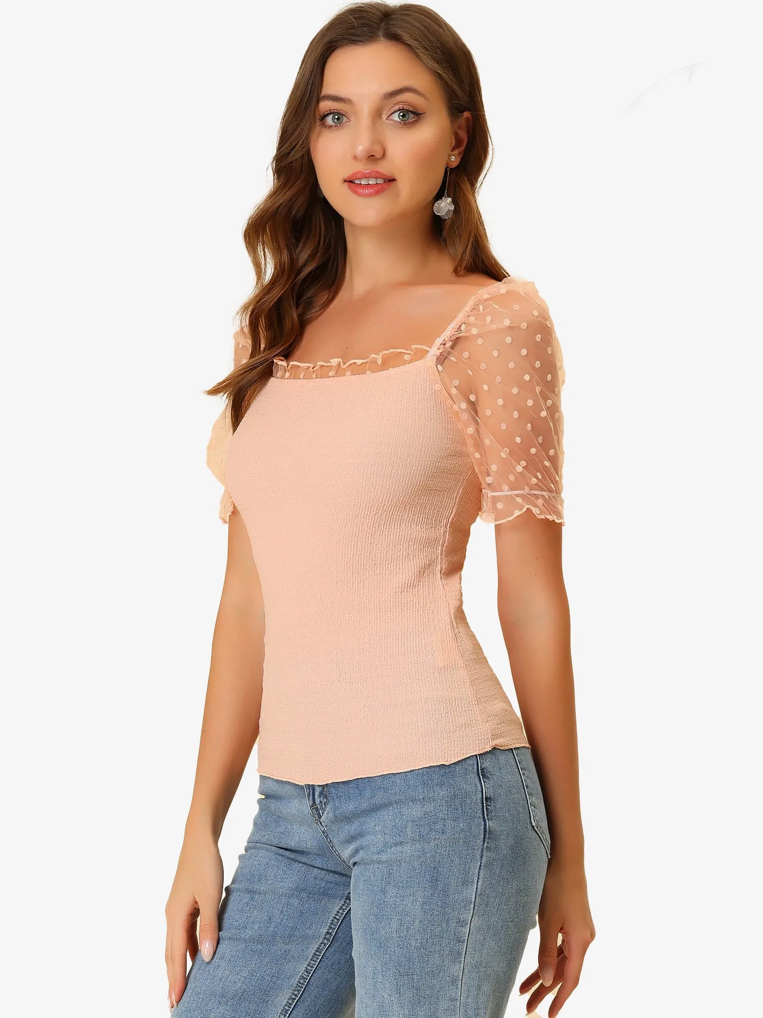 Mesh Sleeve Sheer Tops Square Neck Smocked Polka Dots Top sold by Allegra K