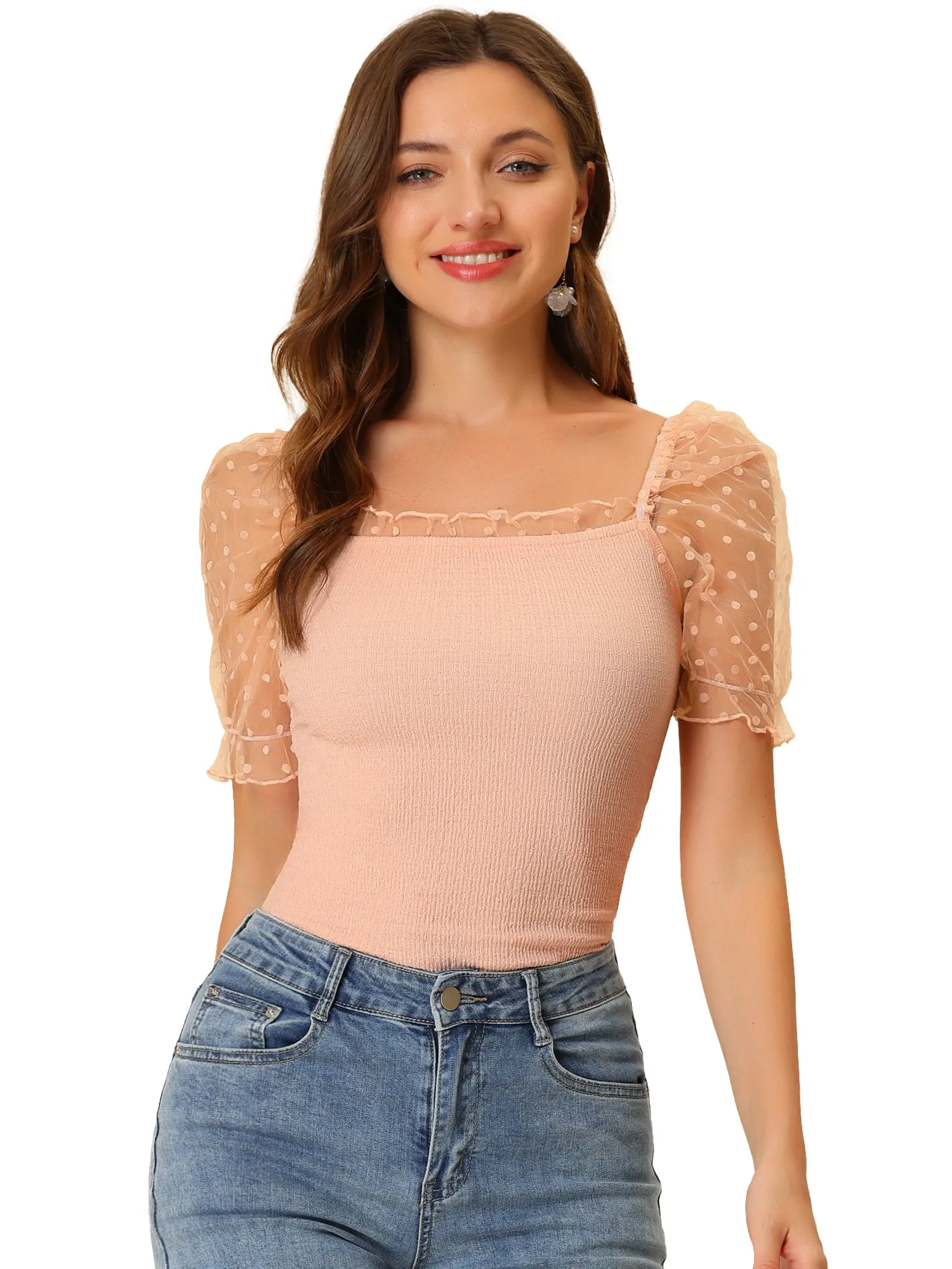 Mesh Sleeve Sheer Tops Square Neck Smocked Polka Dots Top sold by Allegra K product image thumbnail 4