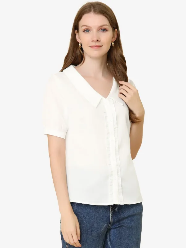 Work Office V Neck Short Sleeve Button Up Solid Blouse sold by Allegra K