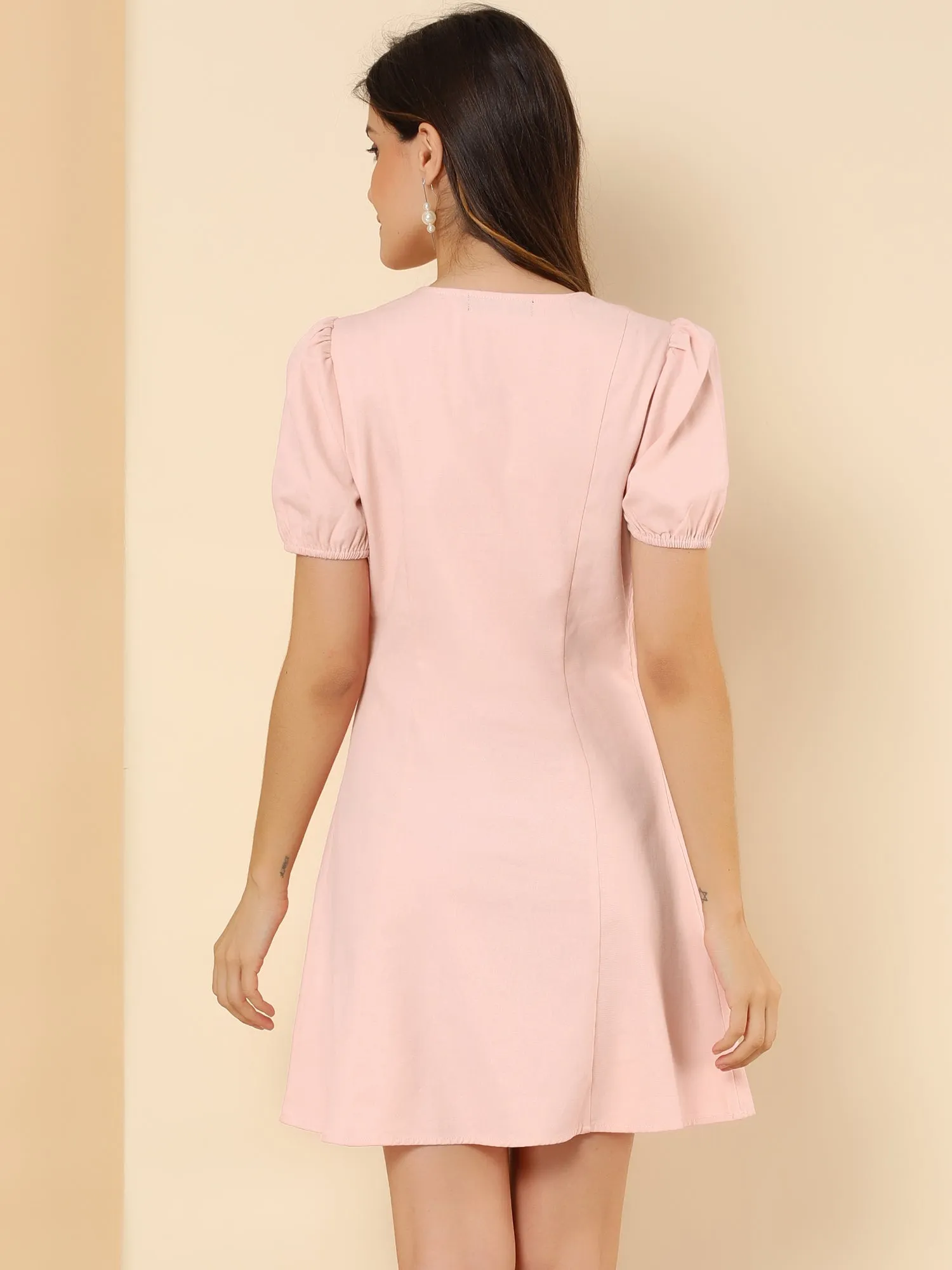Elegant Square Neck Solid Color Puff Sleeve A-Line Short Dress sold by Allegra K product image thumbnail 5