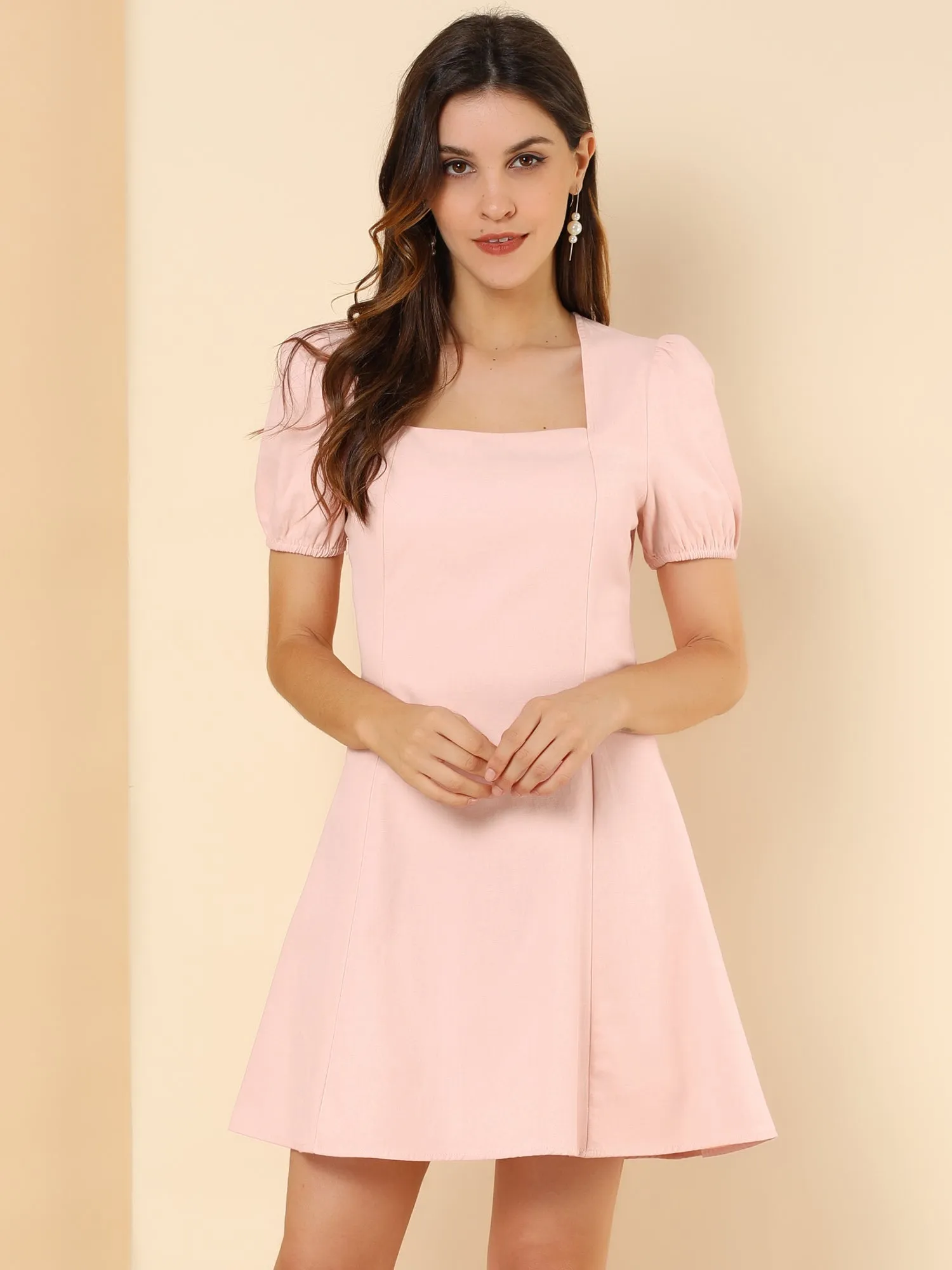 Elegant Square Neck Solid Color Puff Sleeve A-Line Short Dress sold by Allegra K product image thumbnail 3