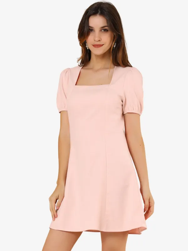 Elegant Square Neck Solid Color Puff Sleeve A-Line Short Dress sold by Allegra K